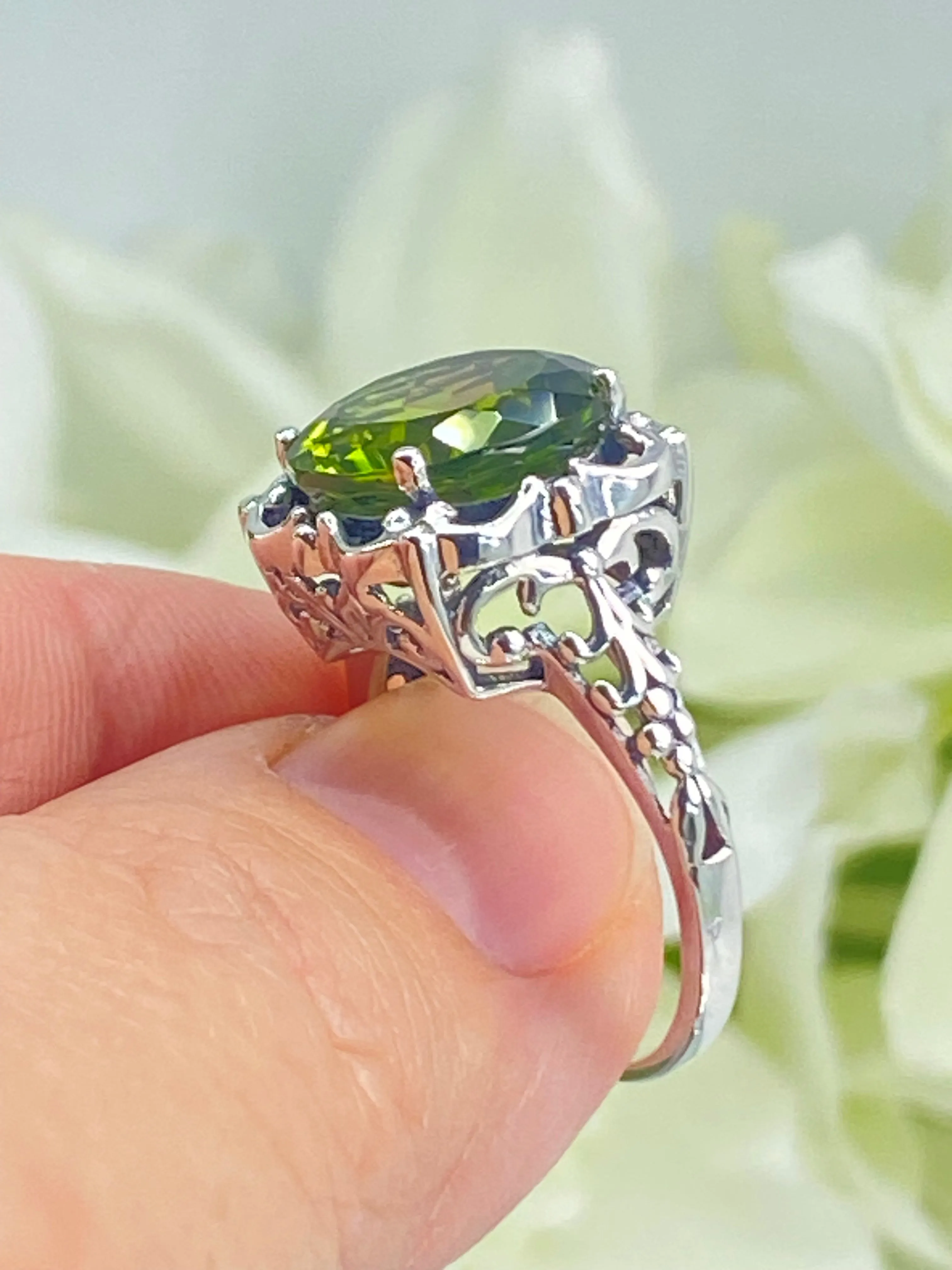 Natural Peridot Ring, Sterling Silver Victorian Jewelry #D103