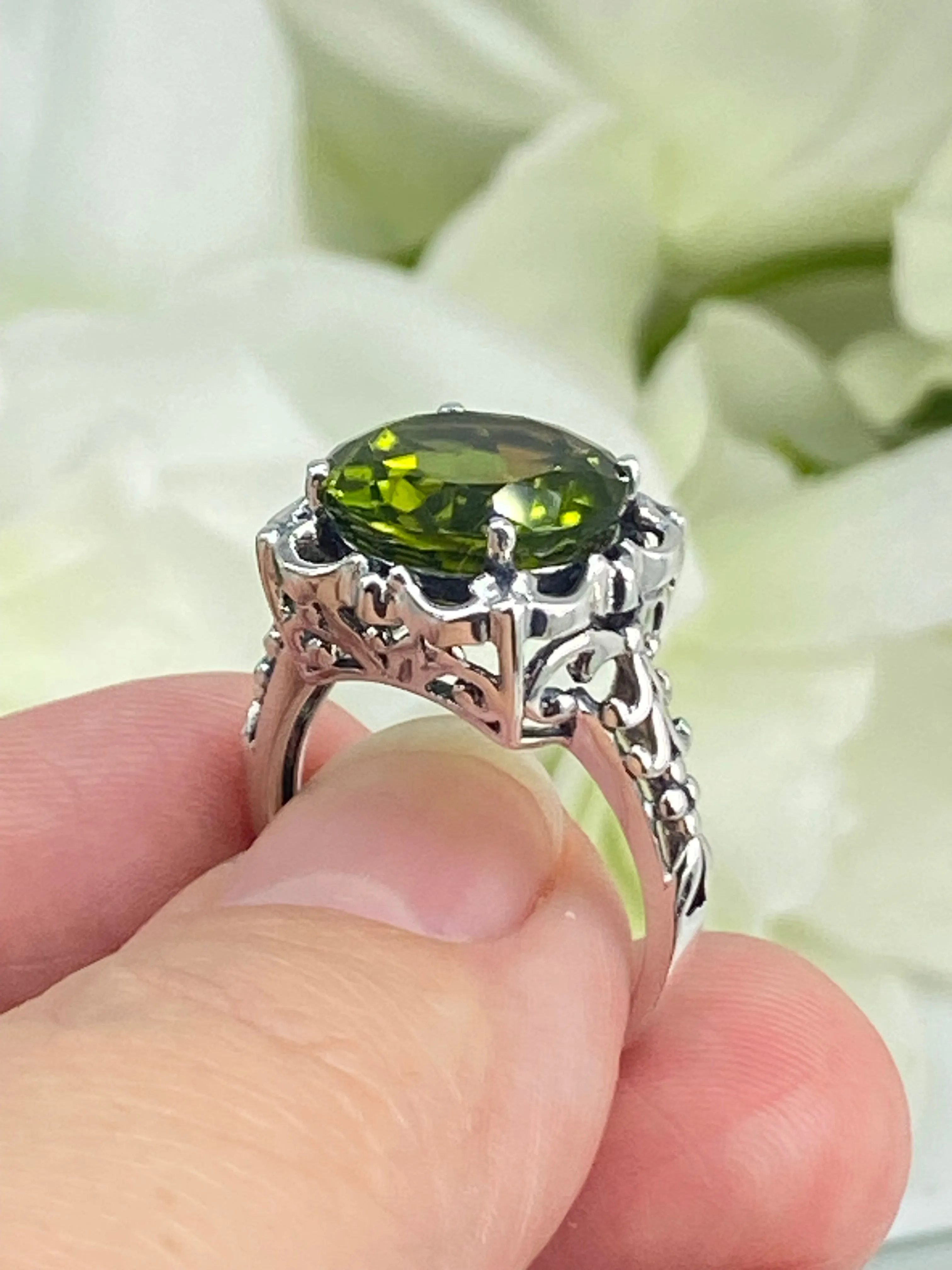 Natural Peridot Ring, Sterling Silver Victorian Jewelry #D103