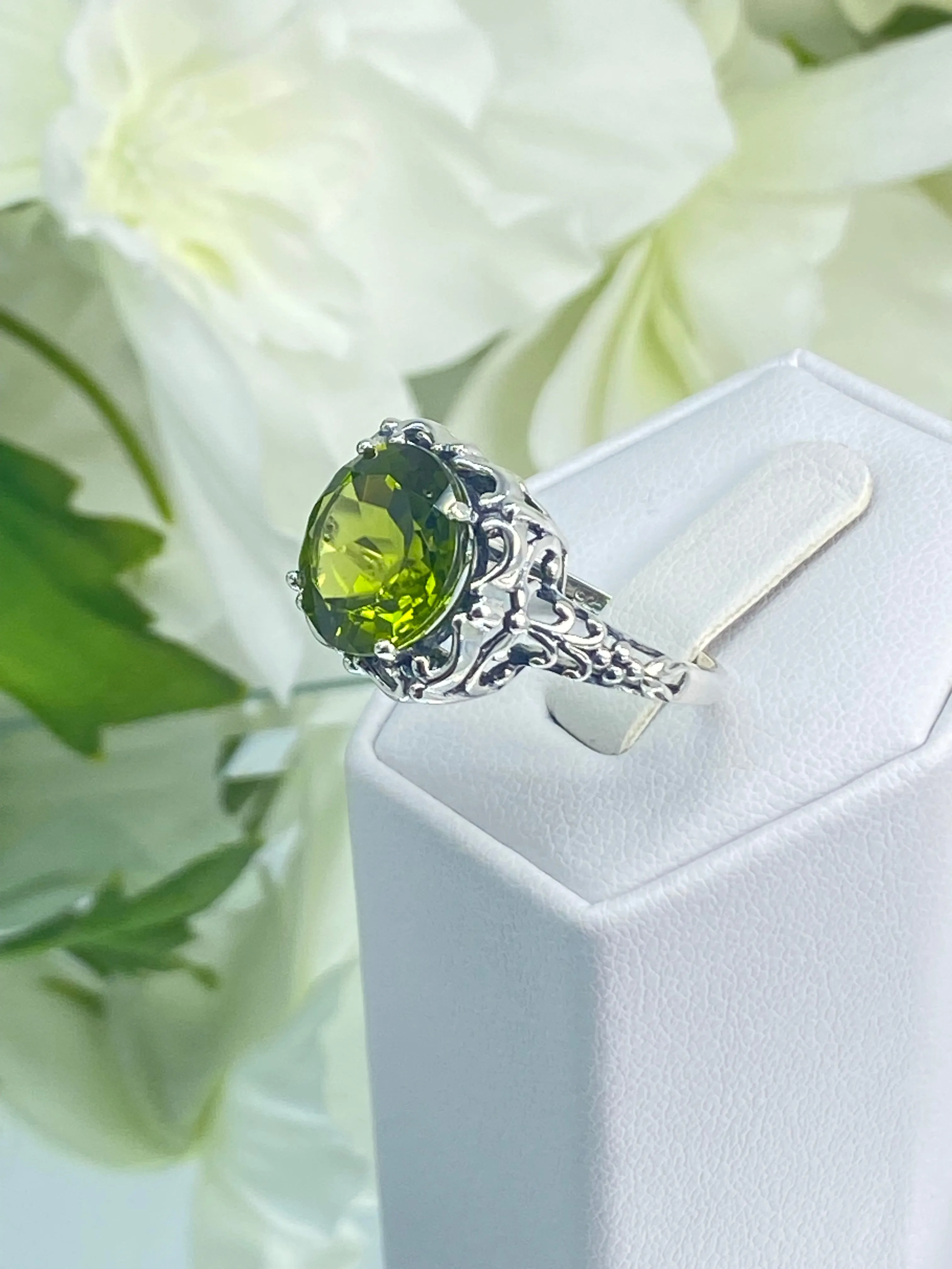 Natural Peridot Ring, Sterling Silver Victorian Jewelry #D103