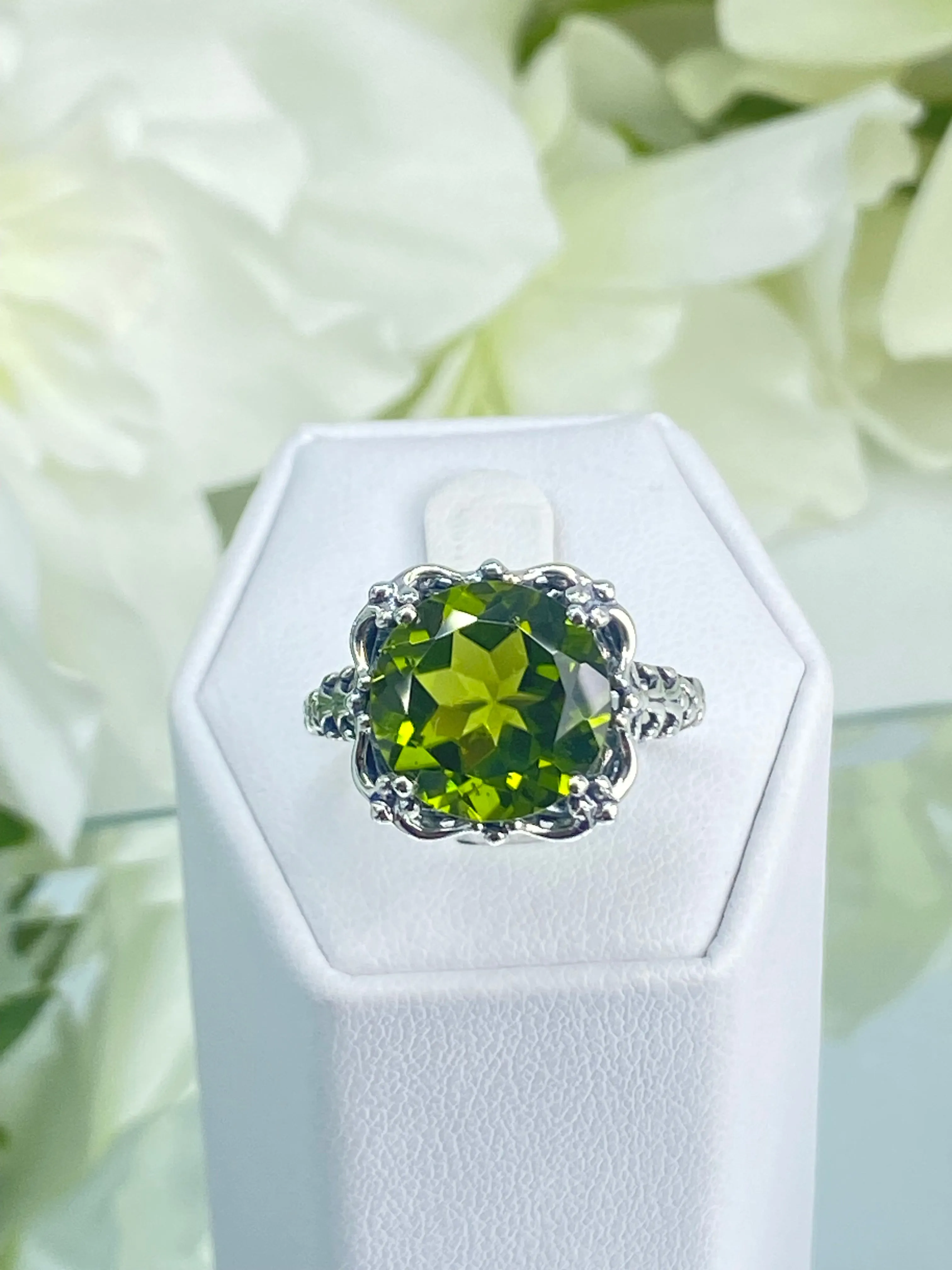 Natural Peridot Ring, Sterling Silver Victorian Jewelry #D103