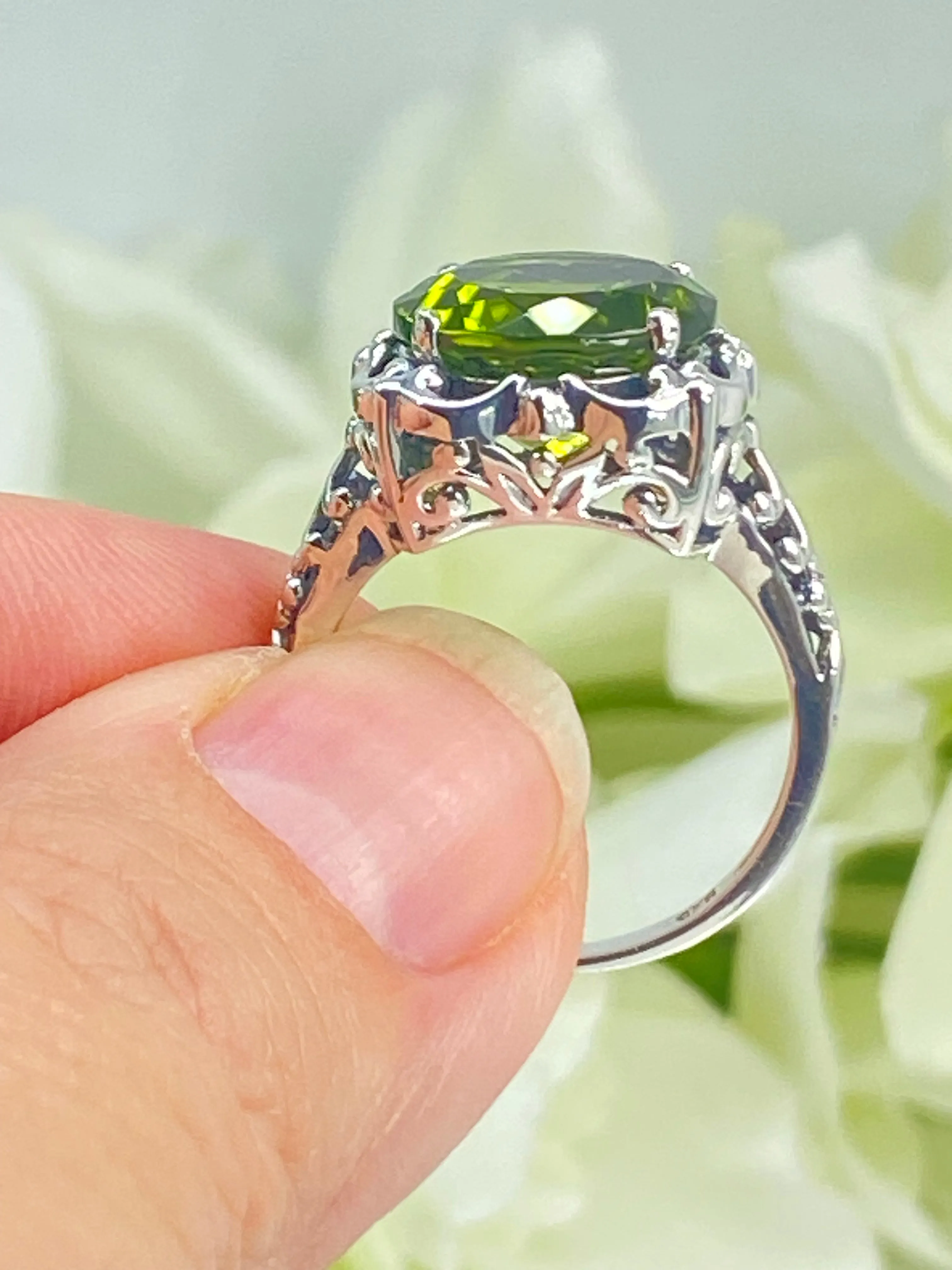 Natural Peridot Ring, Sterling Silver Victorian Jewelry #D103