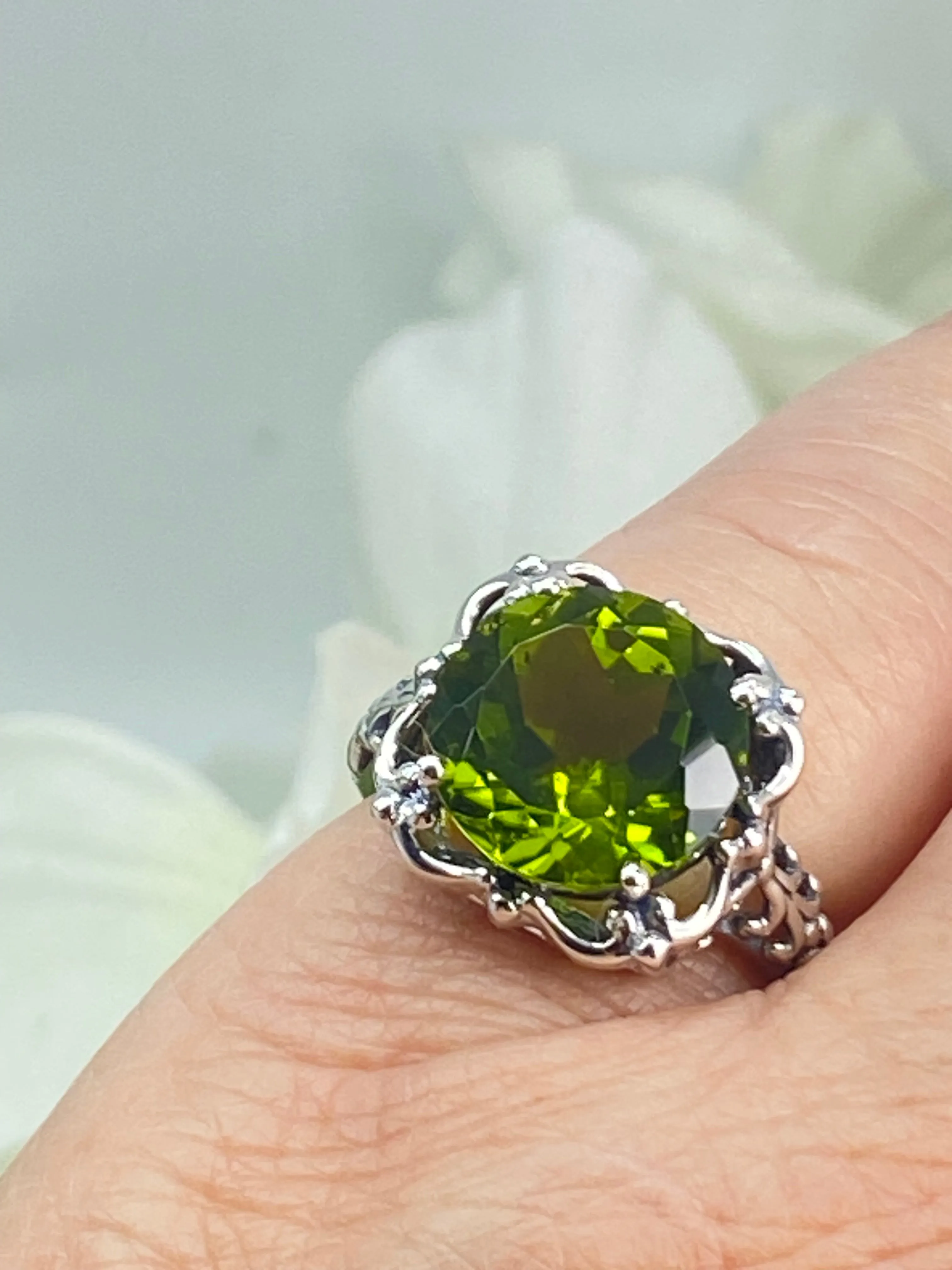 Natural Peridot Ring, Sterling Silver Victorian Jewelry #D103