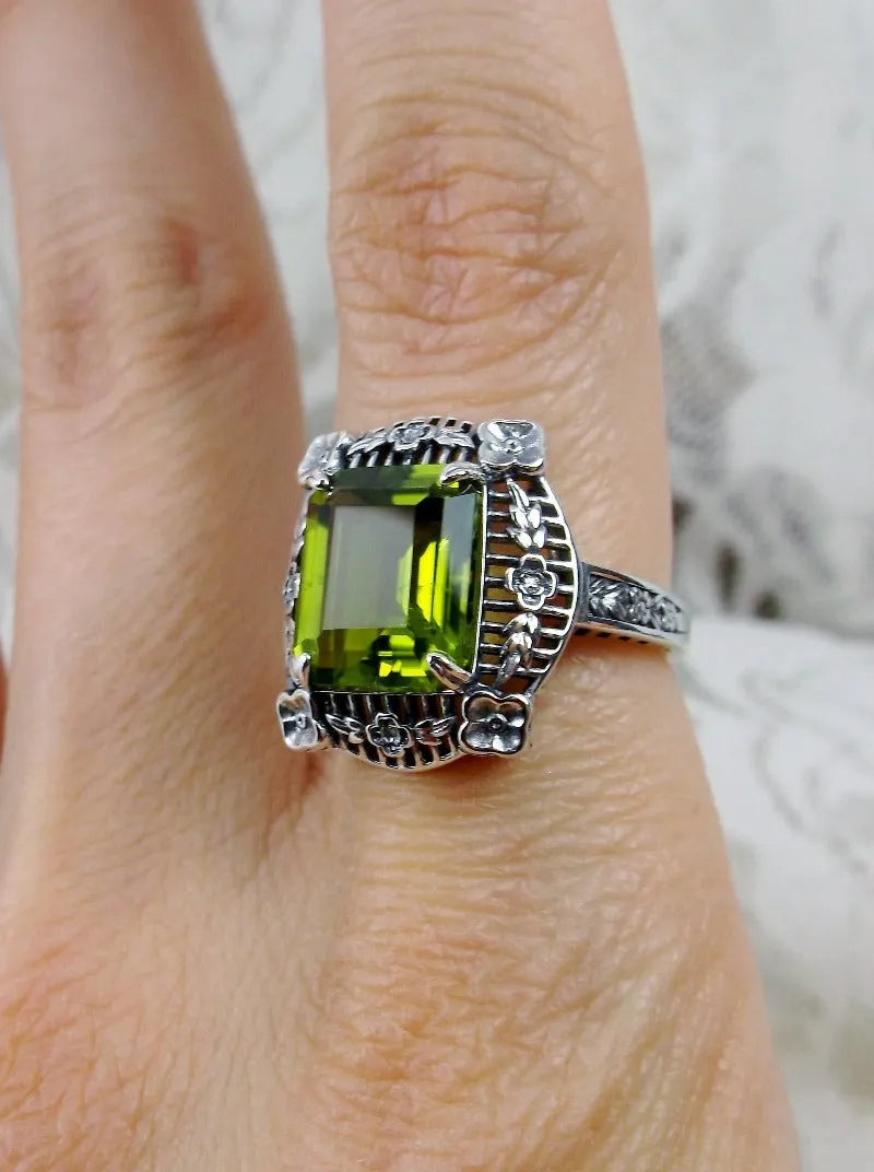Natural Peridot Ring, Victorian Floral Filigree Jewelry #D227
