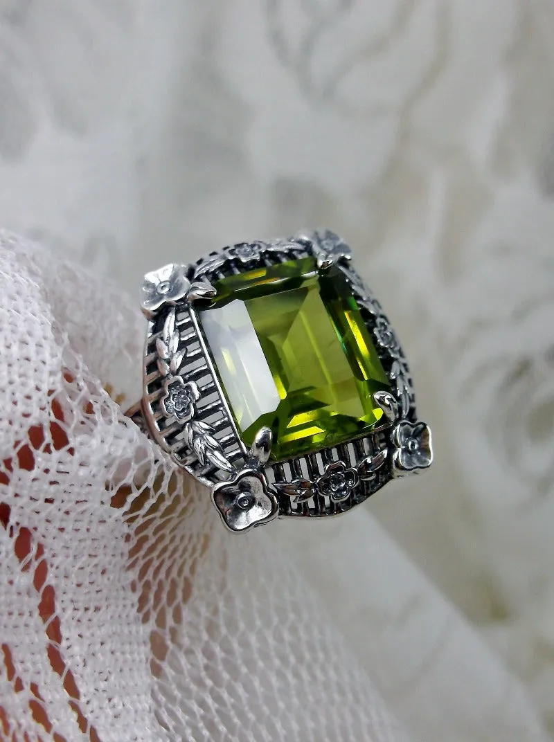 Natural Peridot Ring, Victorian Floral Filigree Jewelry #D227