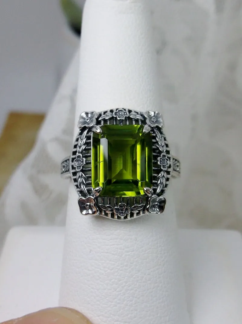 Natural Peridot Ring, Victorian Floral Filigree Jewelry #D227