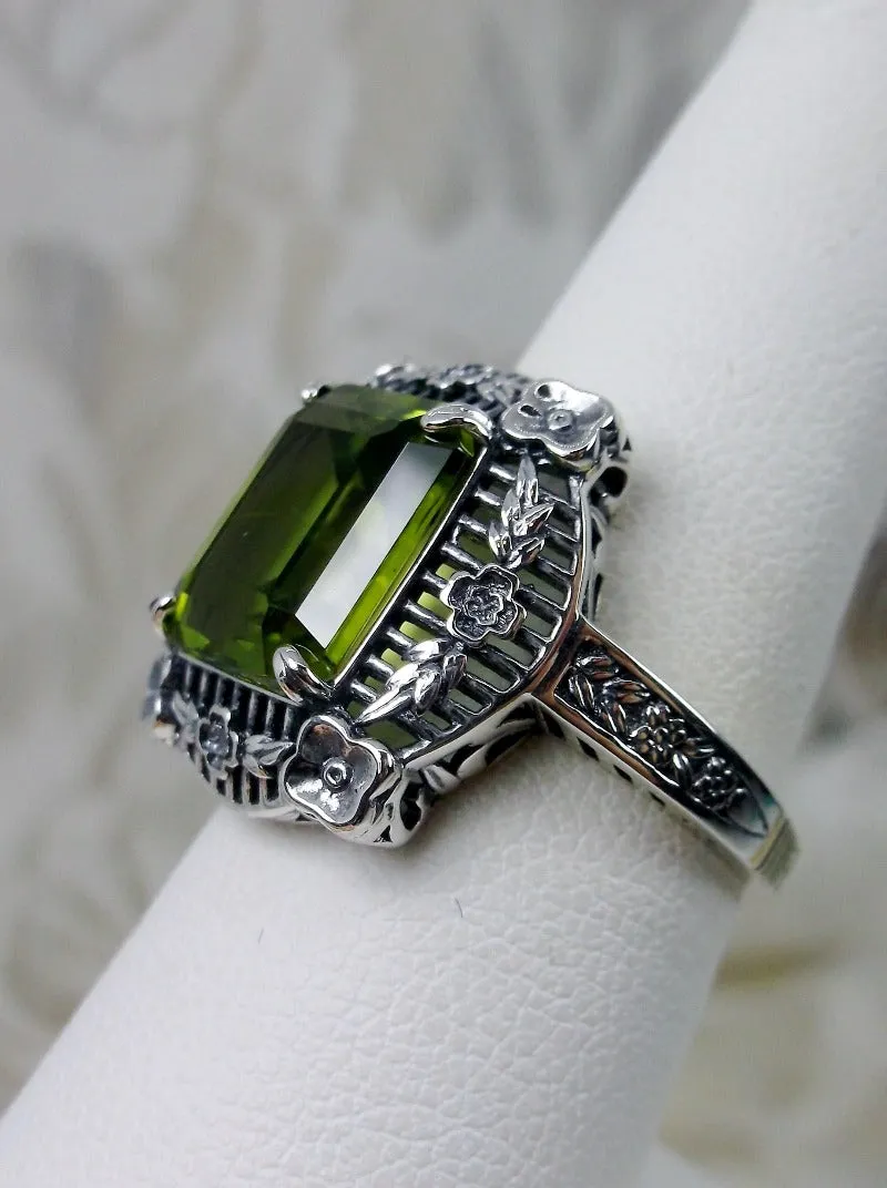 Natural Peridot Ring, Victorian Floral Filigree Jewelry #D227