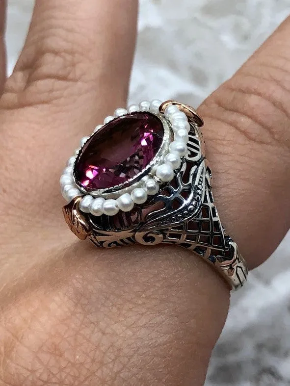 Natural Pink Topaz & Seed Pearl Ring, Victorian Filigree Jewelry #D238