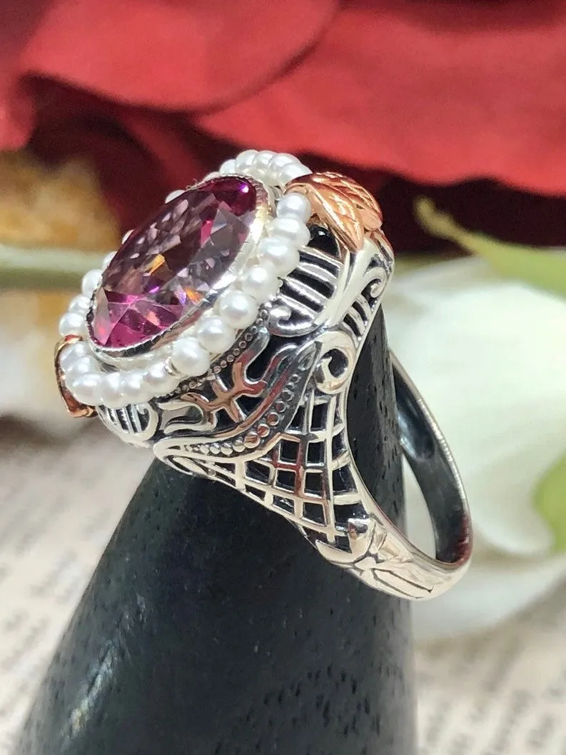 Natural Pink Topaz & Seed Pearl Ring, Victorian Filigree Jewelry #D238