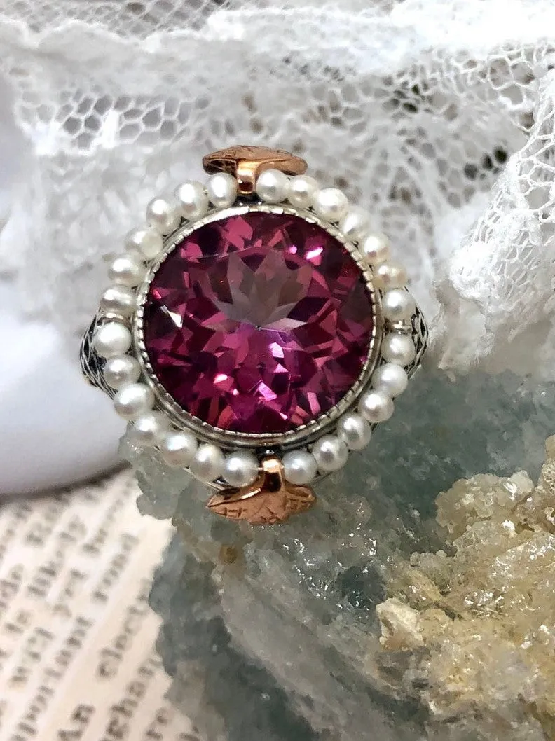 Natural Pink Topaz & Seed Pearl Ring, Victorian Filigree Jewelry #D238