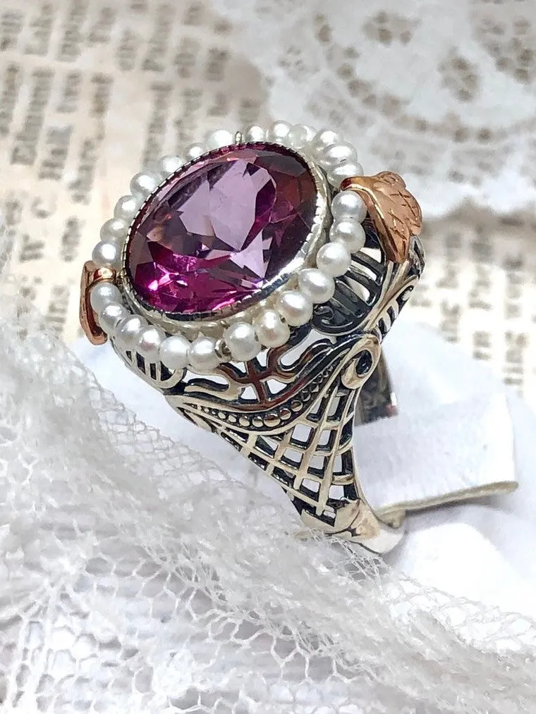 Natural Pink Topaz & Seed Pearl Ring, Victorian Filigree Jewelry #D238