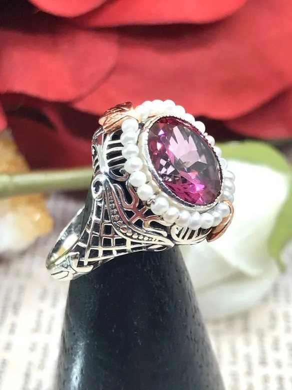 Natural Pink Topaz & Seed Pearl Ring, Victorian Filigree Jewelry #D238