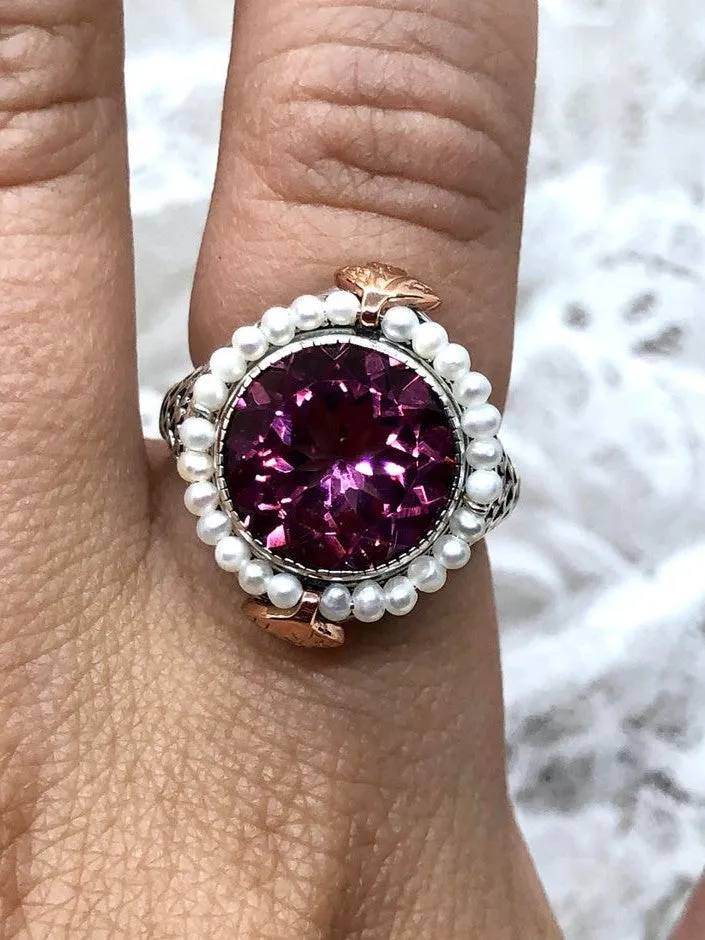 Natural Pink Topaz & Seed Pearl Ring, Victorian Filigree Jewelry #D238