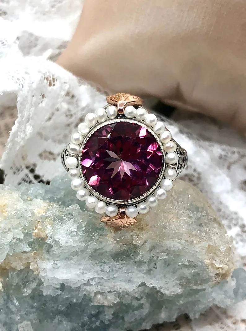 Natural Pink Topaz & Seed Pearl Ring, Victorian Filigree Jewelry #D238