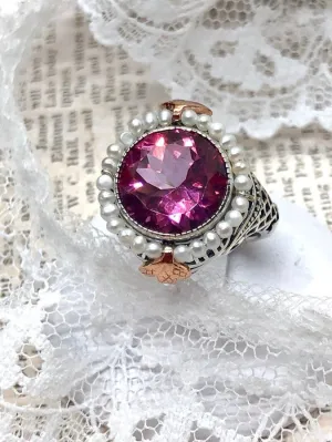 Natural Pink Topaz & Seed Pearl Ring, Victorian Filigree Jewelry #D238