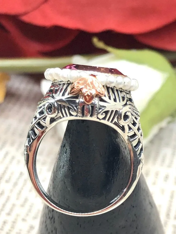 Natural Pink Topaz & Seed Pearl Ring, Victorian Filigree Jewelry #D238