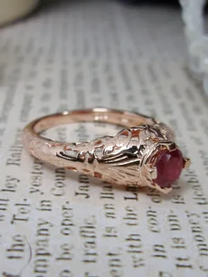 Natural Ruby Ring, 14k Rose Gold Floral Leaf Filigree, Edwardian Jewelry #D154