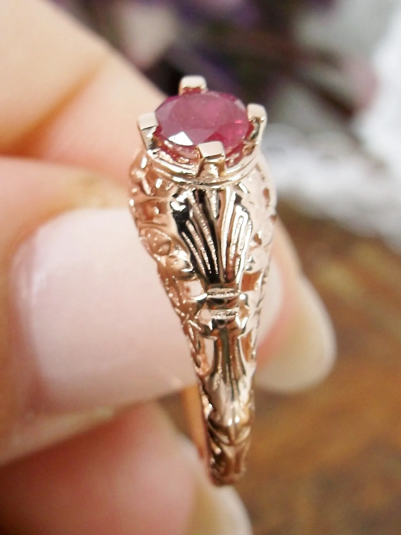 Natural Ruby Ring, 14k Rose Gold Floral Leaf Filigree, Edwardian Jewelry #D154