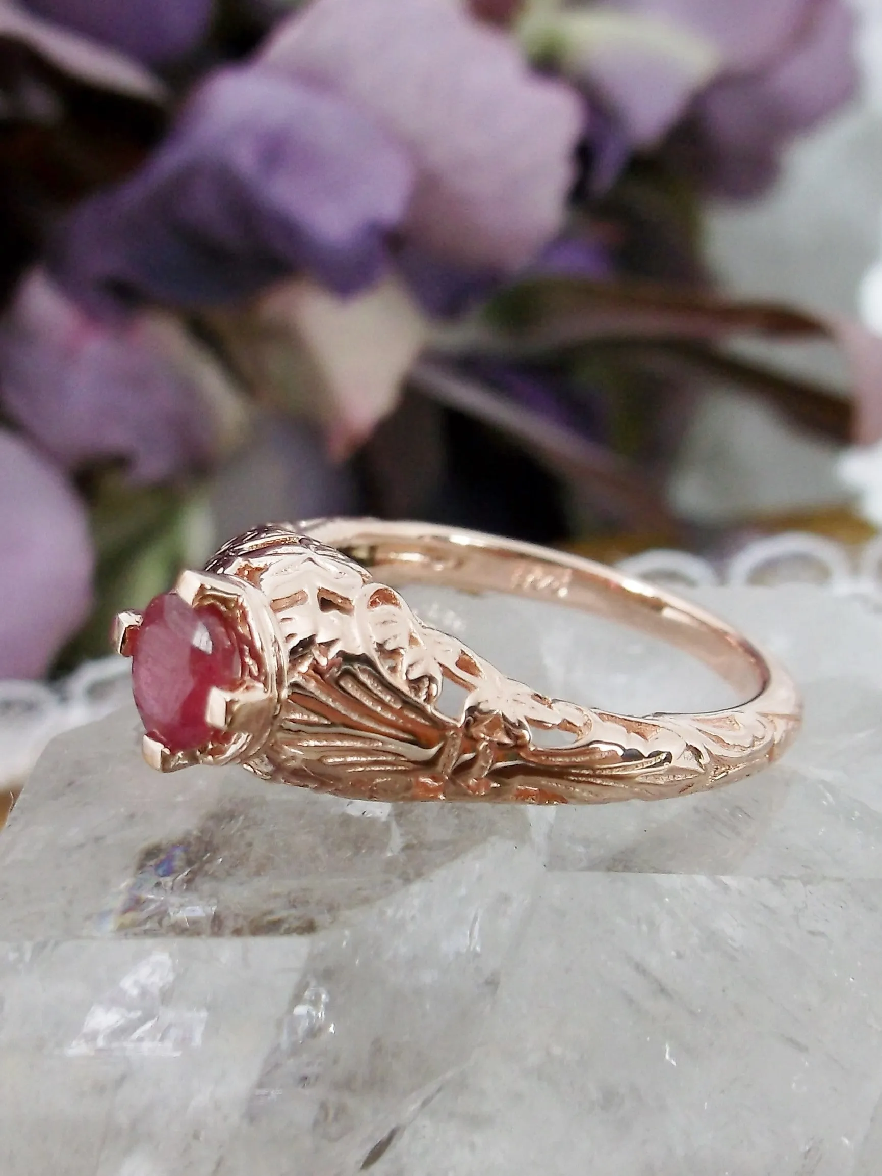 Natural Ruby Ring, 14k Rose Gold Floral Leaf Filigree, Edwardian Jewelry #D154