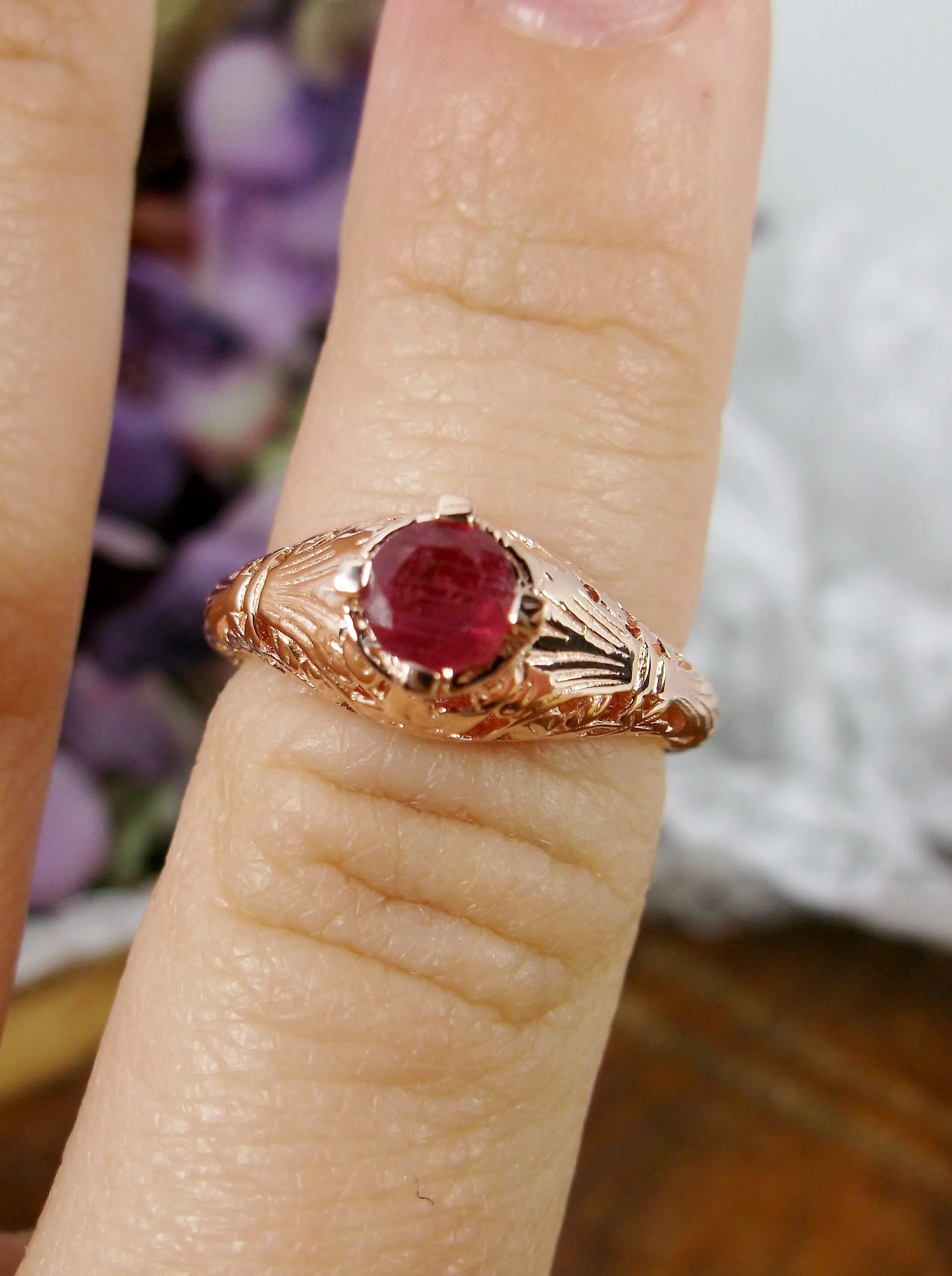 Natural Ruby Ring, 14k Rose Gold Floral Leaf Filigree, Edwardian Jewelry #D154