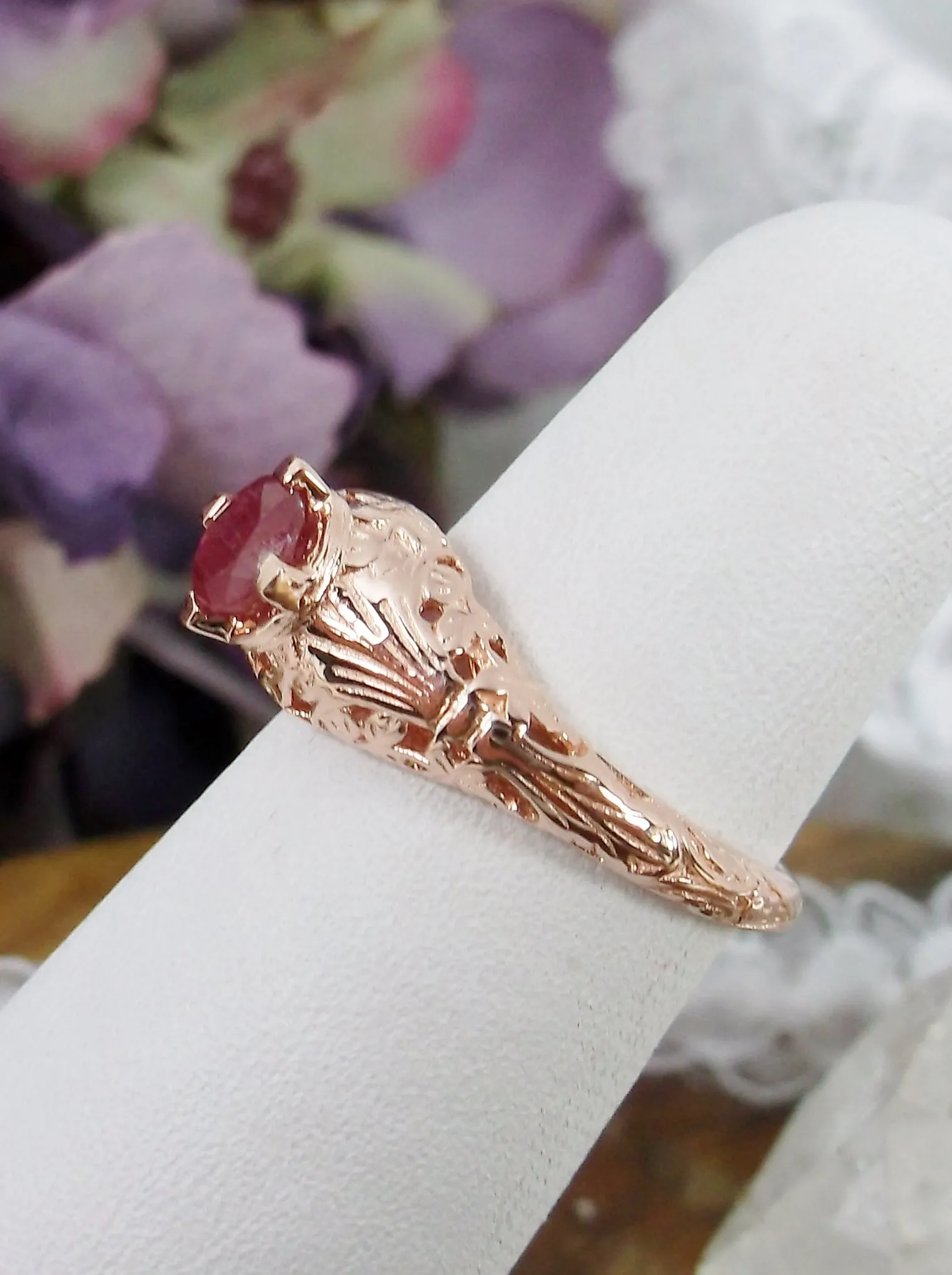 Natural Ruby Ring, 14k Rose Gold Floral Leaf Filigree, Edwardian Jewelry #D154