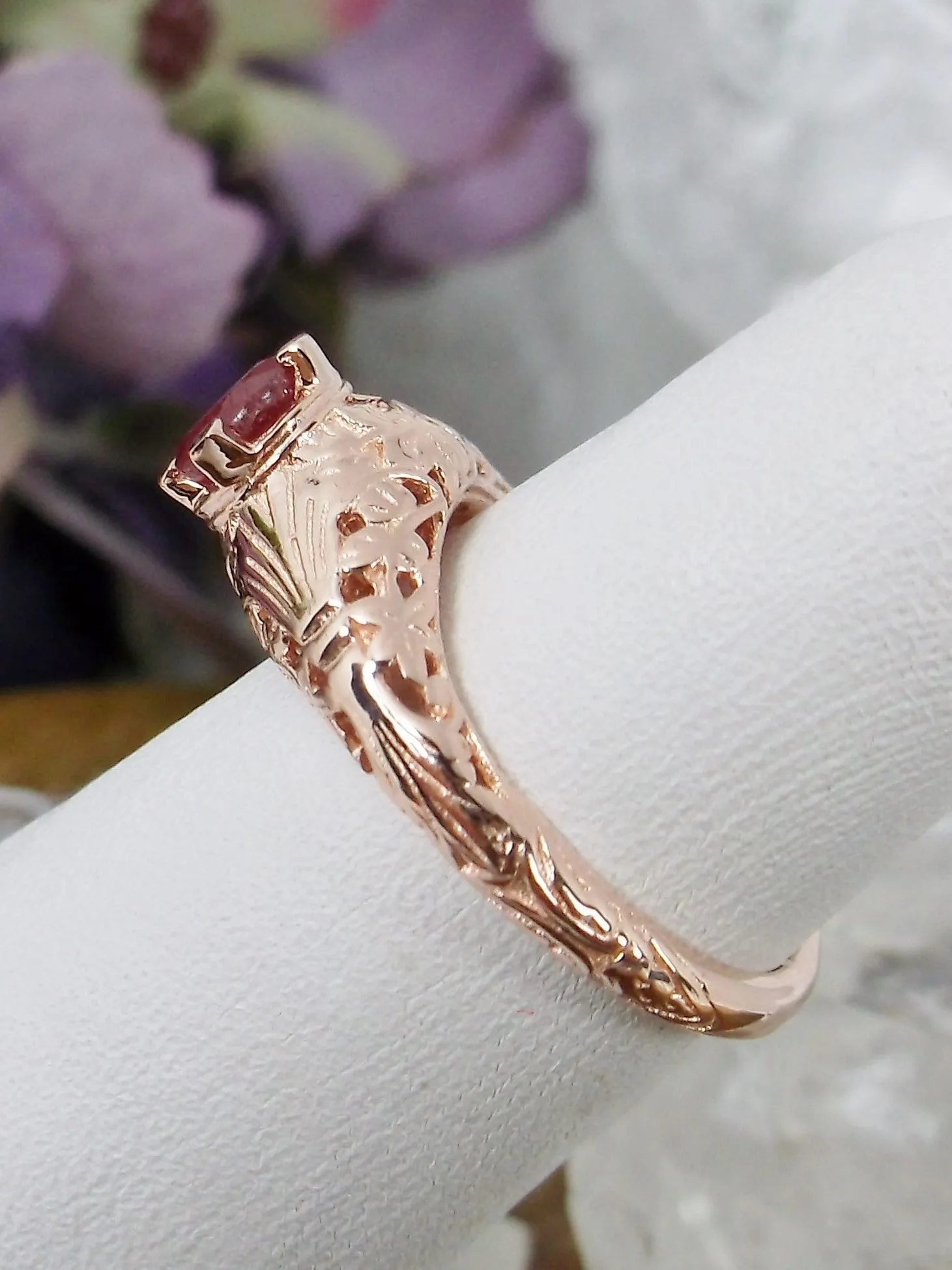 Natural Ruby Ring, 14k Rose Gold Floral Leaf Filigree, Edwardian Jewelry #D154