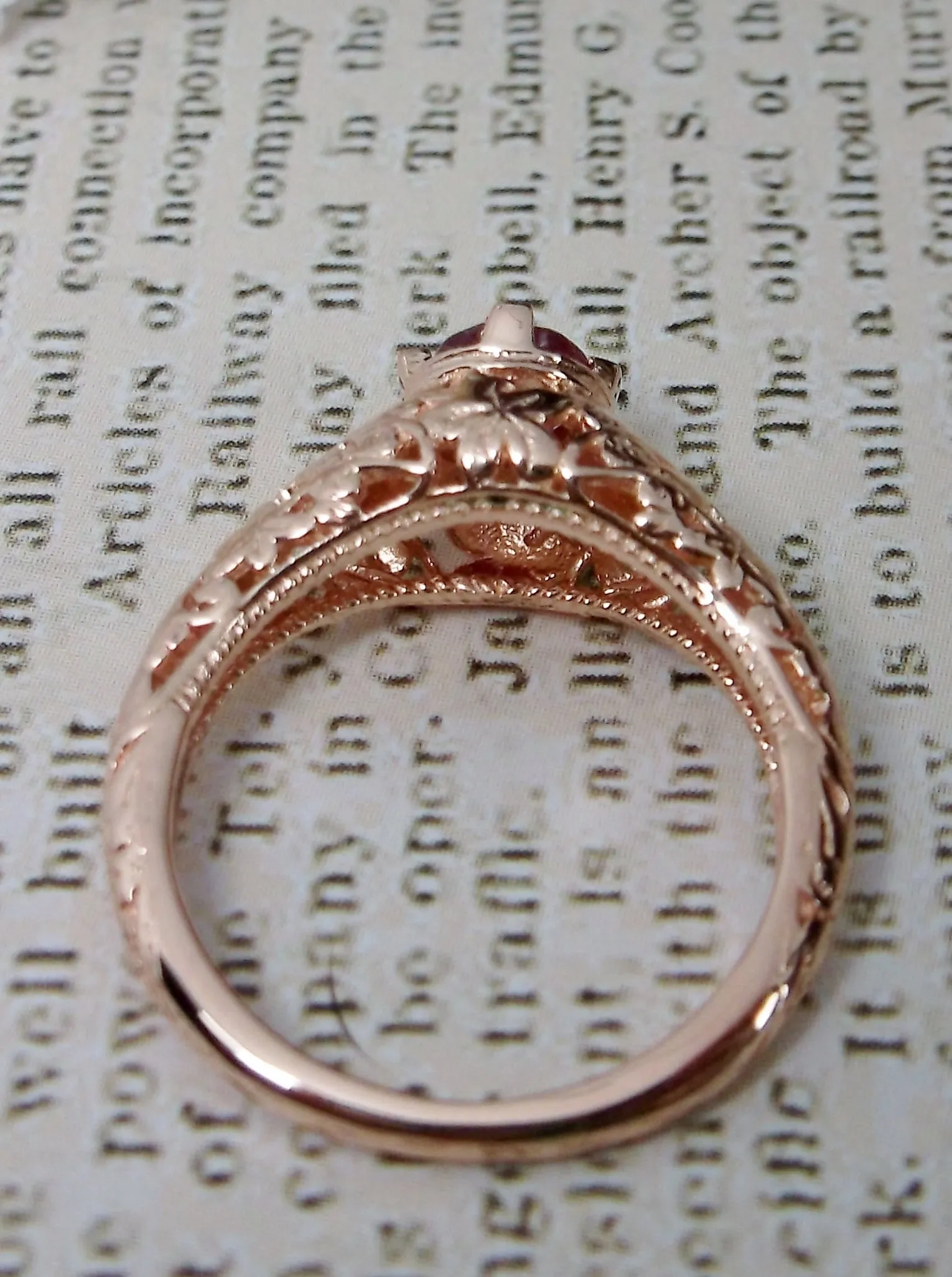 Natural Ruby Ring, 14k Rose Gold Floral Leaf Filigree, Edwardian Jewelry #D154
