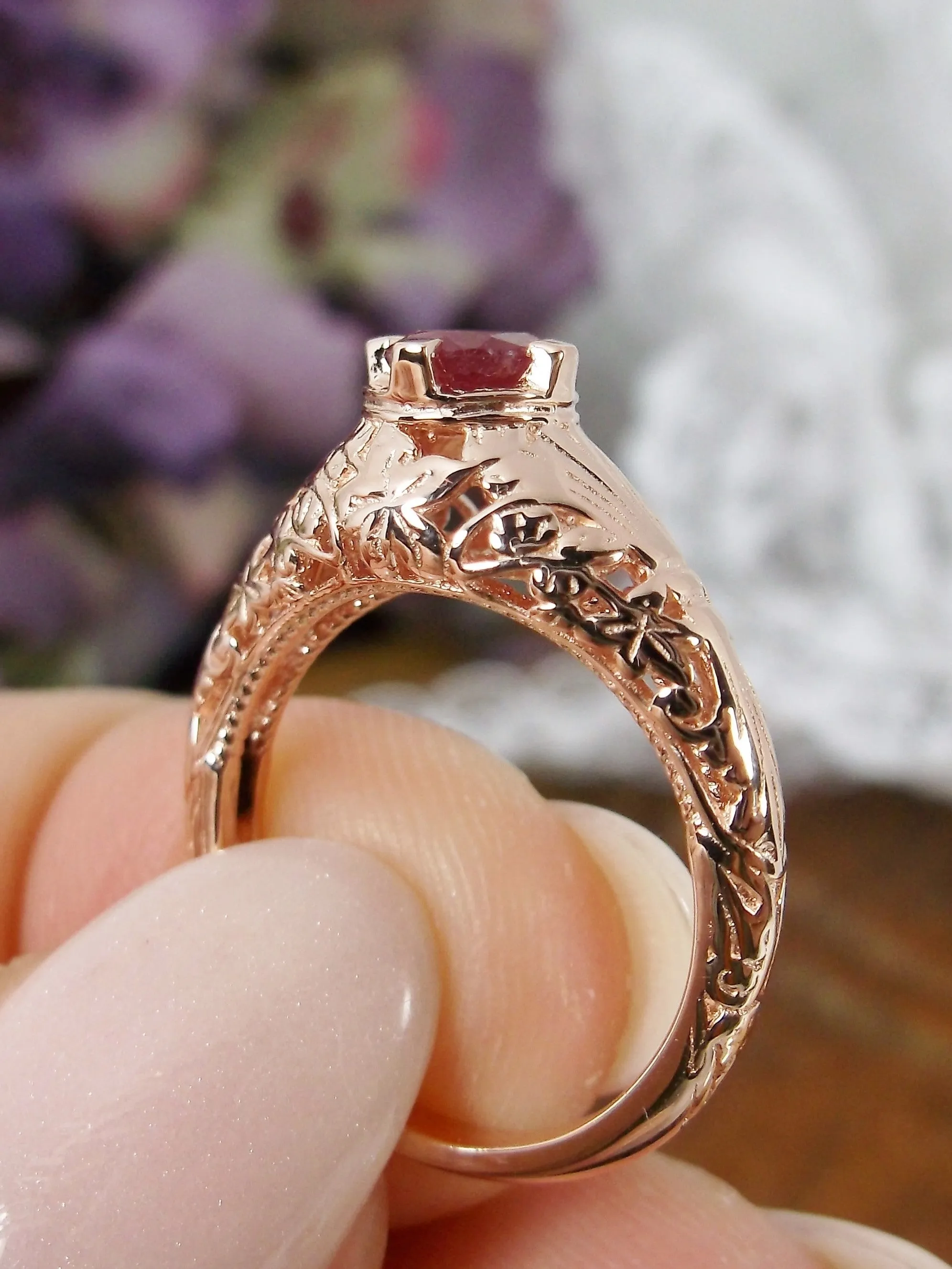 Natural Ruby Ring, 14k Rose Gold Floral Leaf Filigree, Edwardian Jewelry #D154