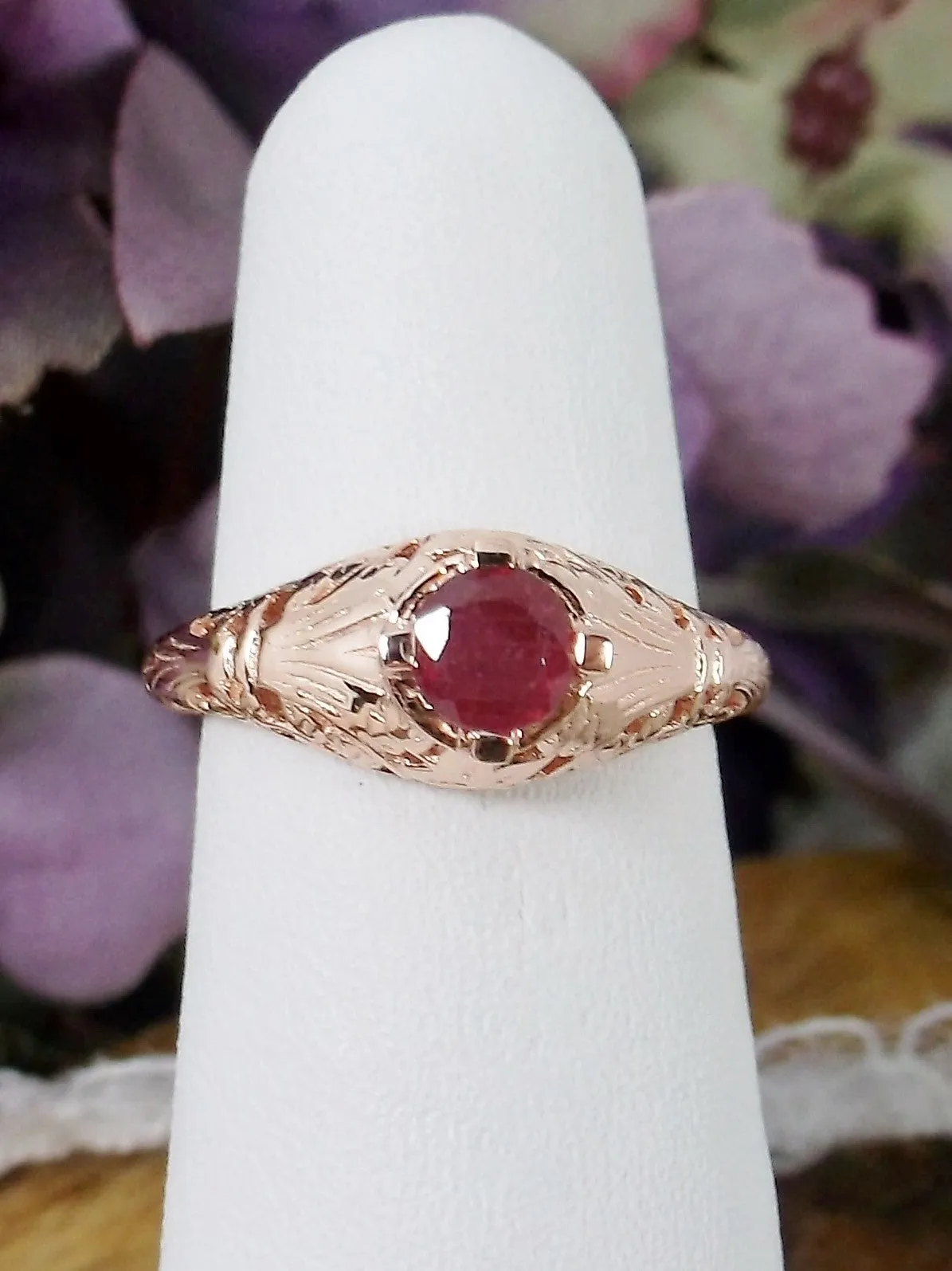 Natural Ruby Ring, 14k Rose Gold Floral Leaf Filigree, Edwardian Jewelry #D154