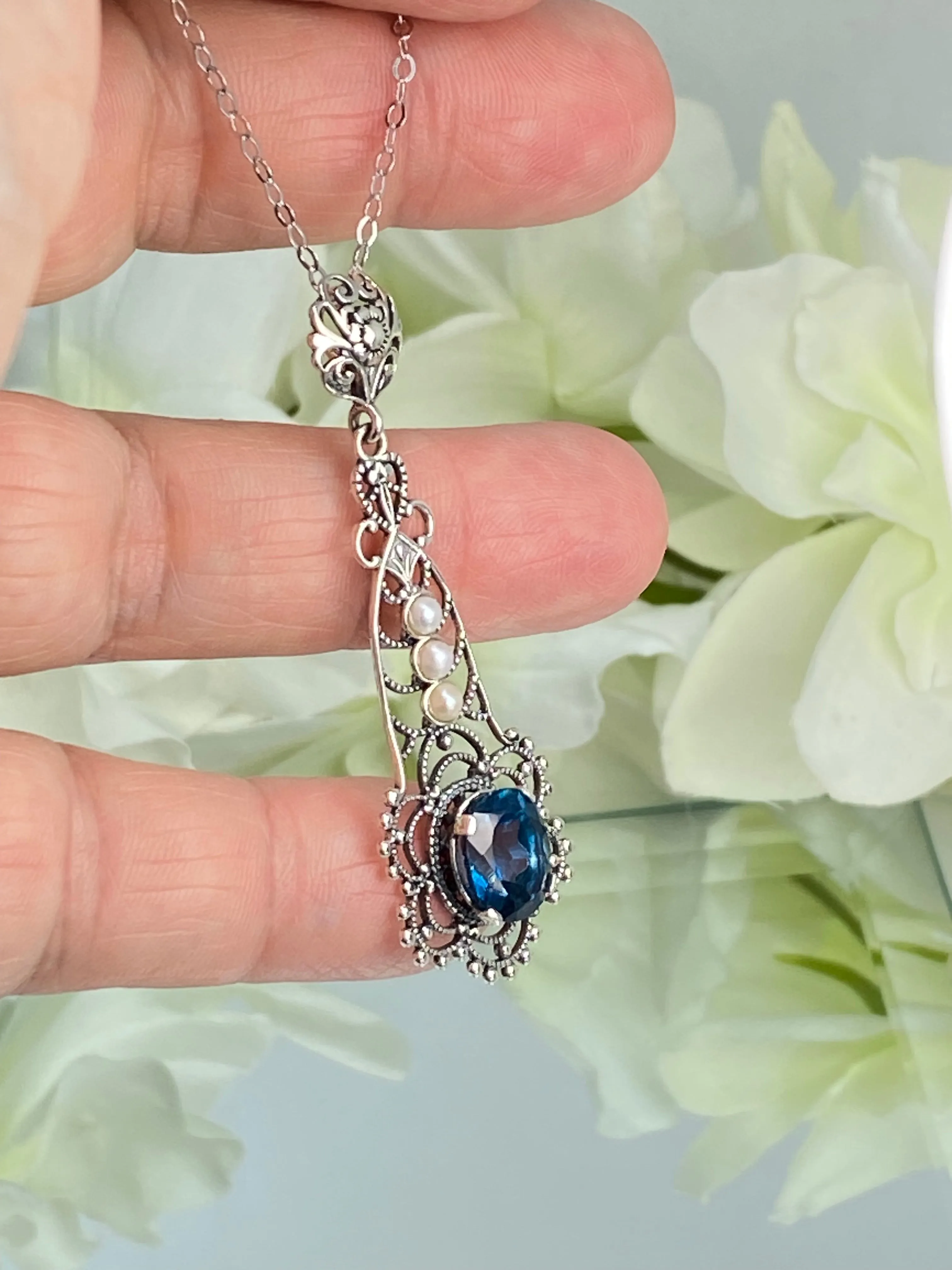 Natural Topaz Pendant, Natural London Blue Lavaliere Necklace #P17 - Ready to Ship