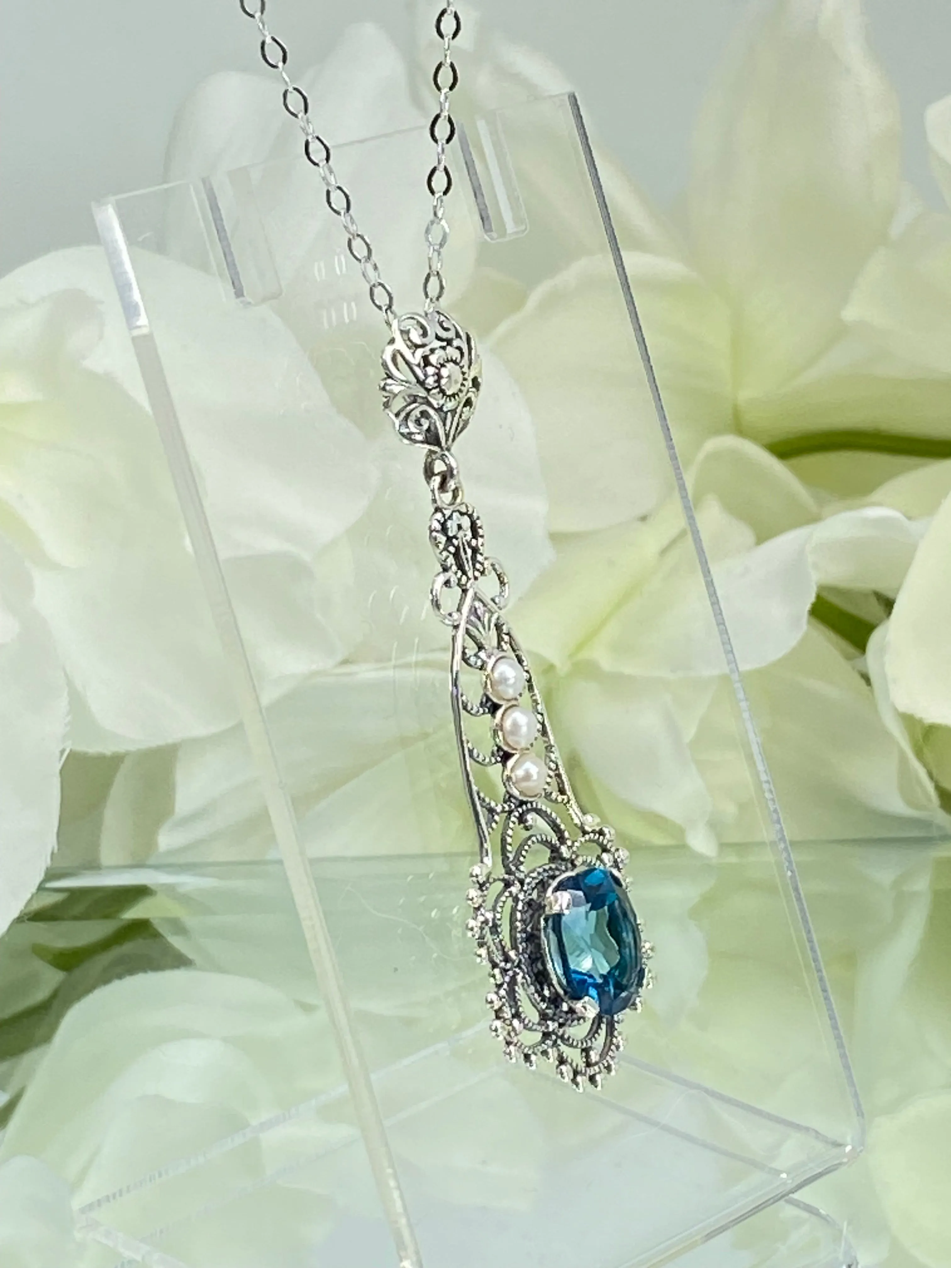 Natural Topaz Pendant, Natural London Blue Lavaliere Necklace #P17 - Ready to Ship
