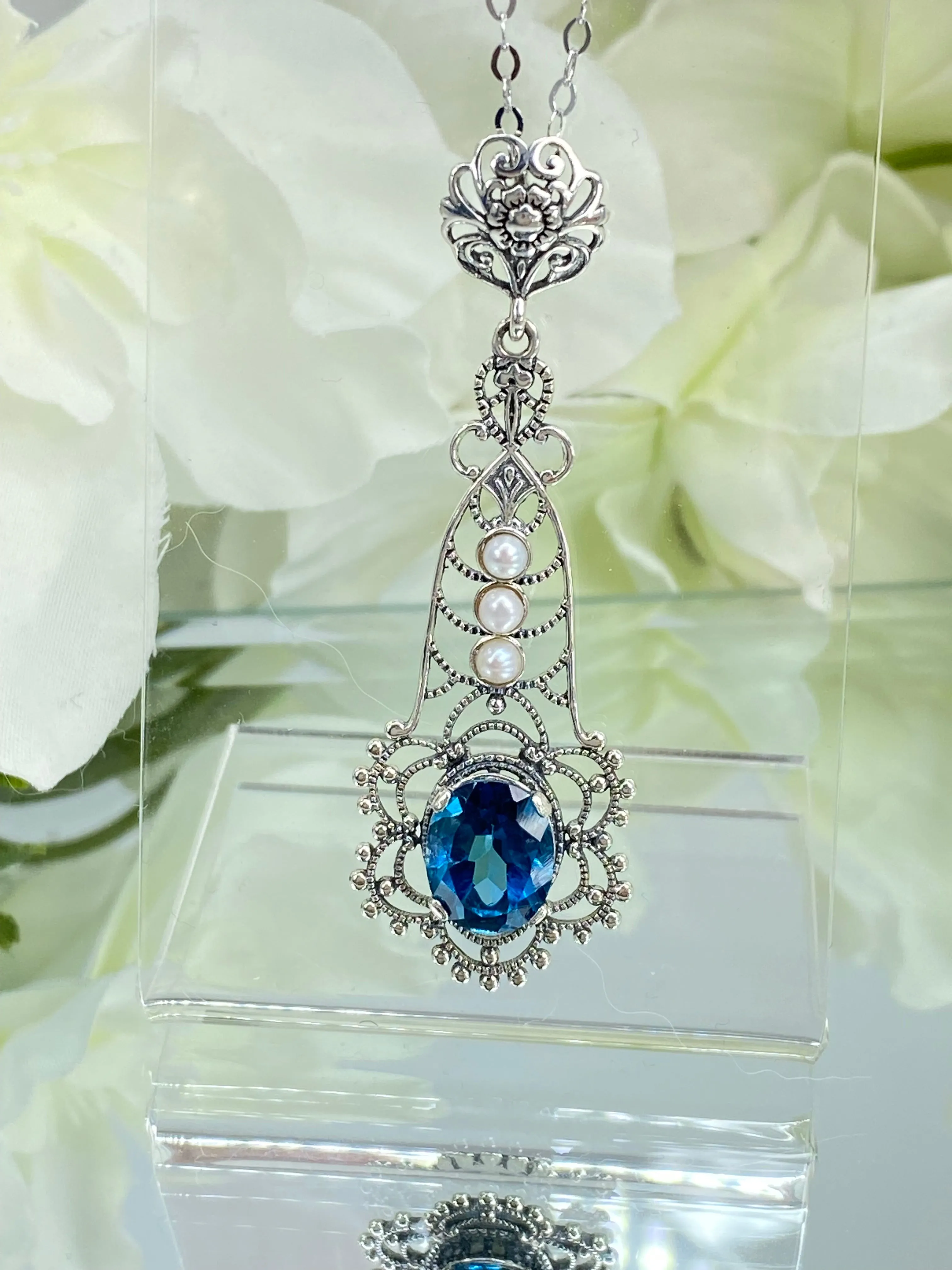Natural Topaz Pendant, Natural London Blue Lavaliere Necklace #P17 - Ready to Ship