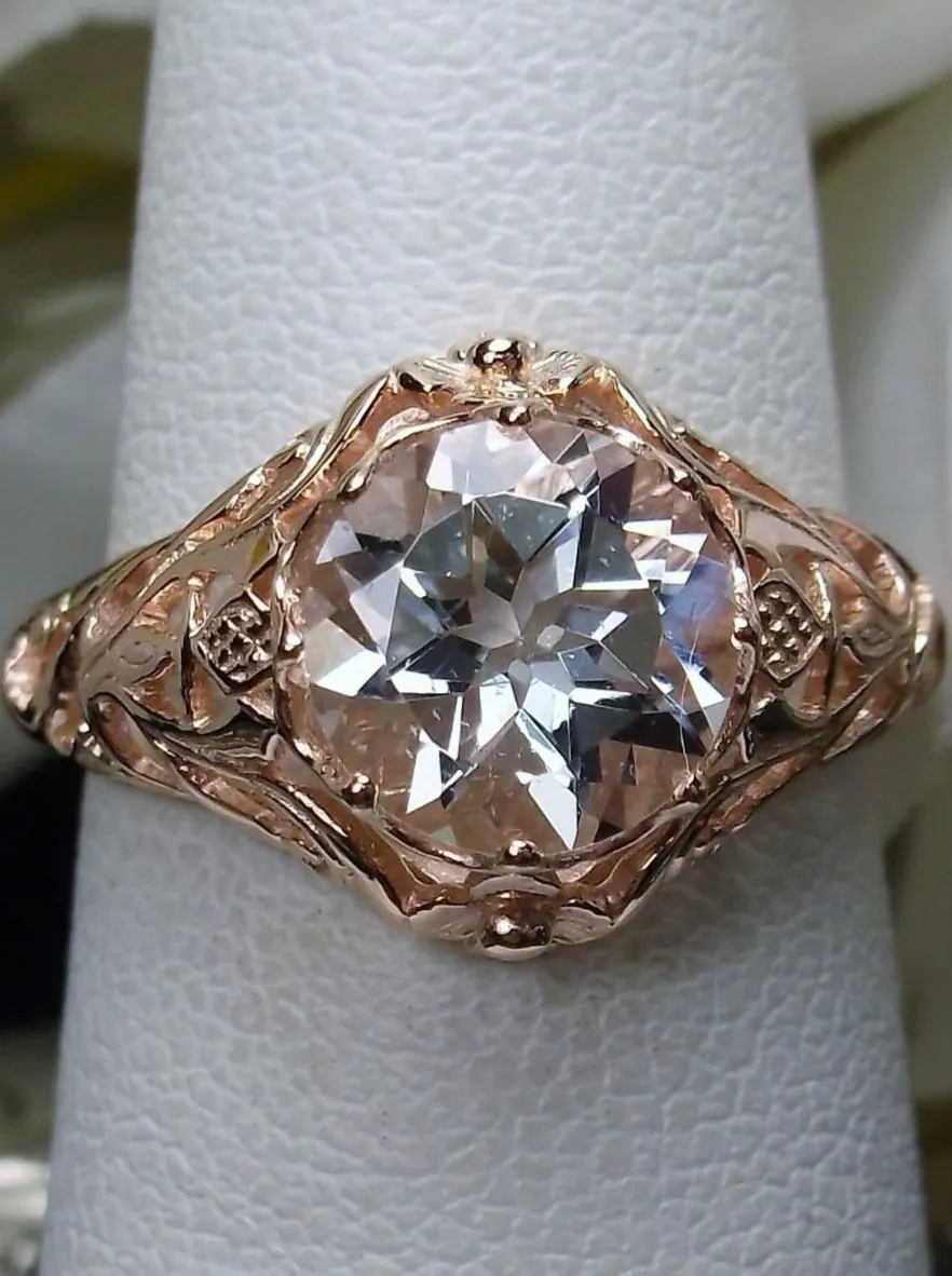 Natural White Topaz Ring, Rose Gold plated Daisy Victorian Jewelry #D66