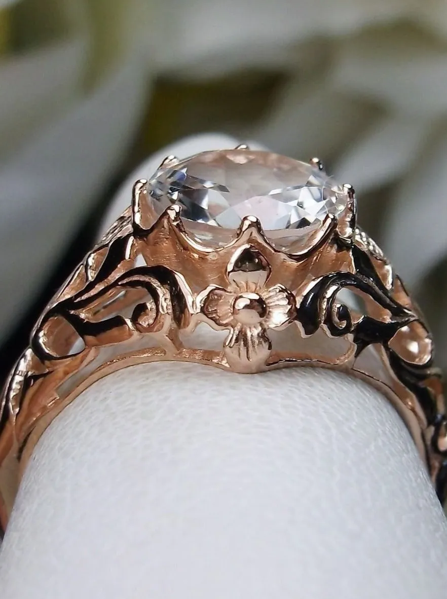 Natural White Topaz Ring, Rose Gold plated Daisy Victorian Jewelry #D66