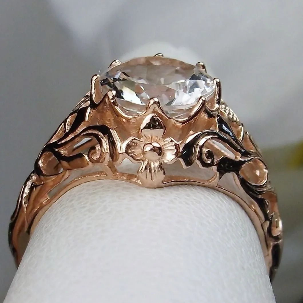Natural White Topaz Ring, Rose Gold plated Daisy Victorian Jewelry #D66
