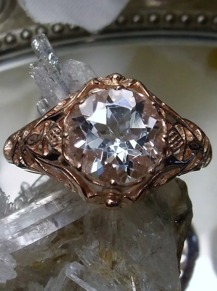 Natural White Topaz Ring, Rose Gold plated Daisy Victorian Jewelry #D66