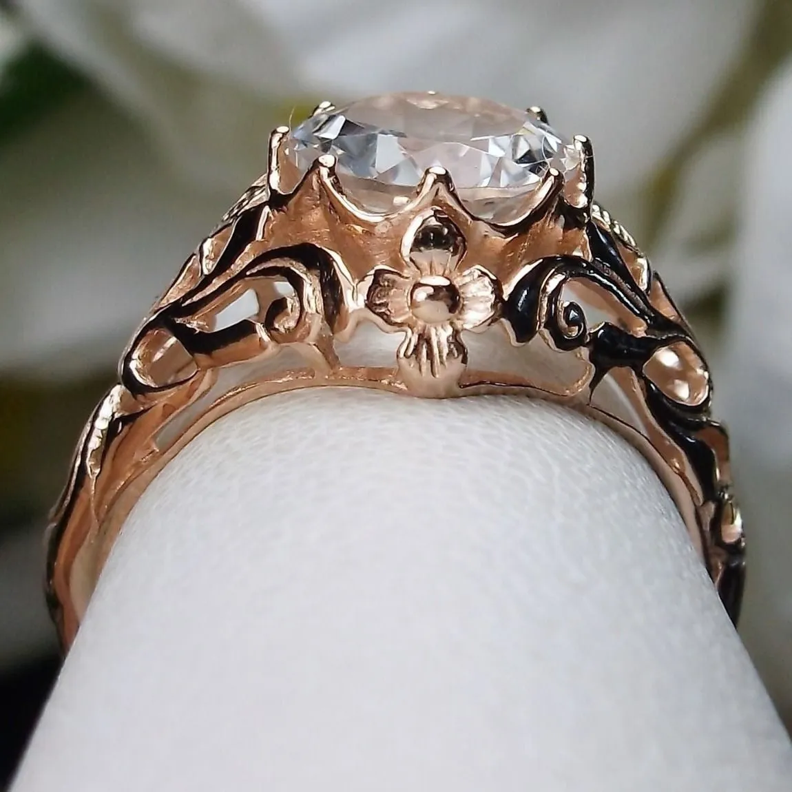 Natural White Topaz Ring, Rose Gold plated Daisy Victorian Jewelry #D66