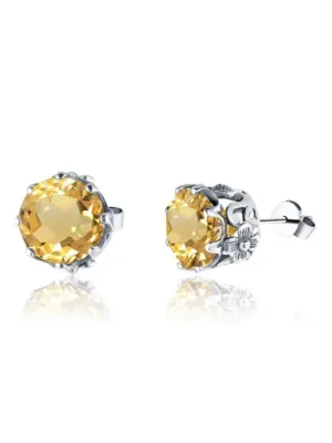 Natural Yellow Citrine Earrings, Round Daisy Stud Earrings, Sterling Silver Vintage Filigree Jewelry, E66