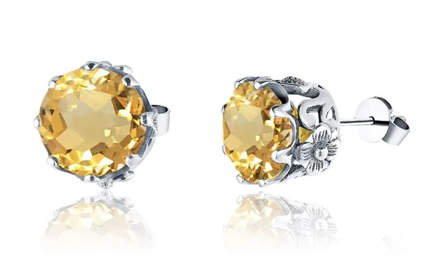 Natural Yellow Citrine Earrings, Round Daisy Stud Earrings, Sterling Silver Vintage Filigree Jewelry, E66