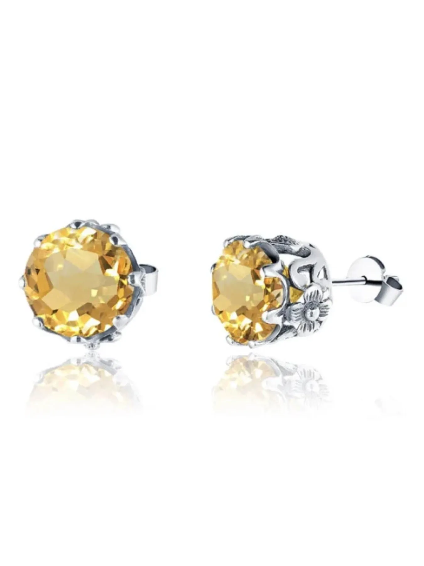 Natural Yellow Citrine Earrings, Round Daisy Stud Earrings, Sterling Silver Vintage Filigree Jewelry, E66