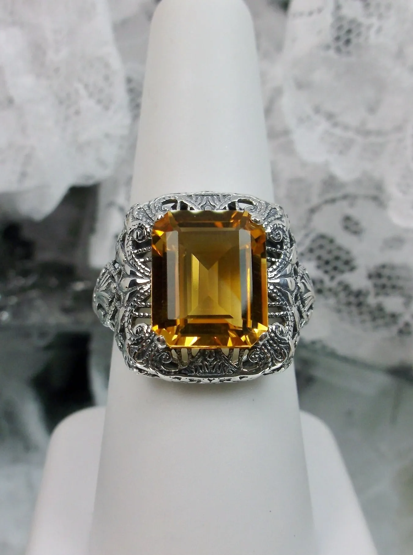Natural Yellow Citrine Ring, Intricate Victorian Jewelry #D149