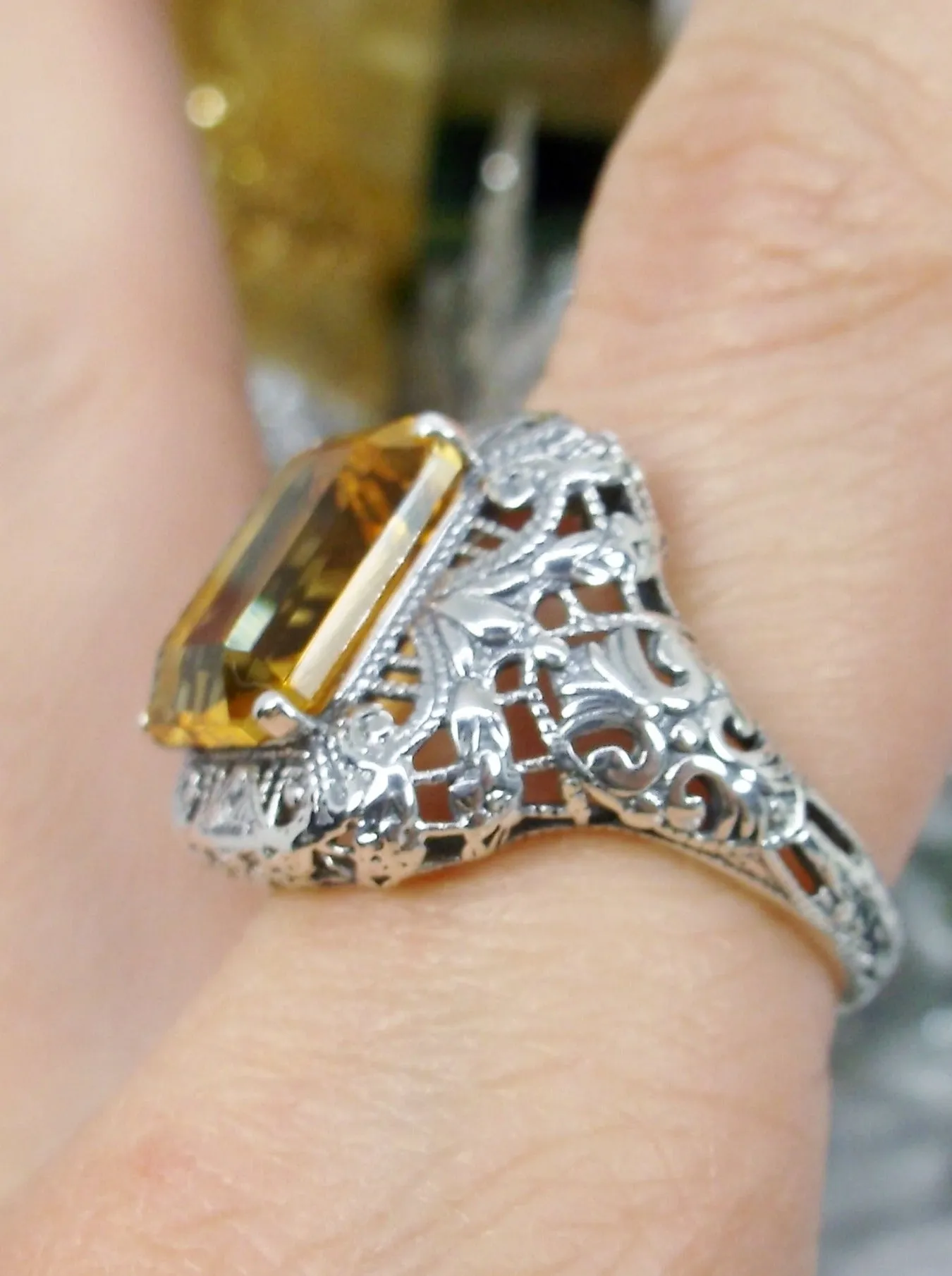 Natural Yellow Citrine Ring, Intricate Victorian Jewelry #D149