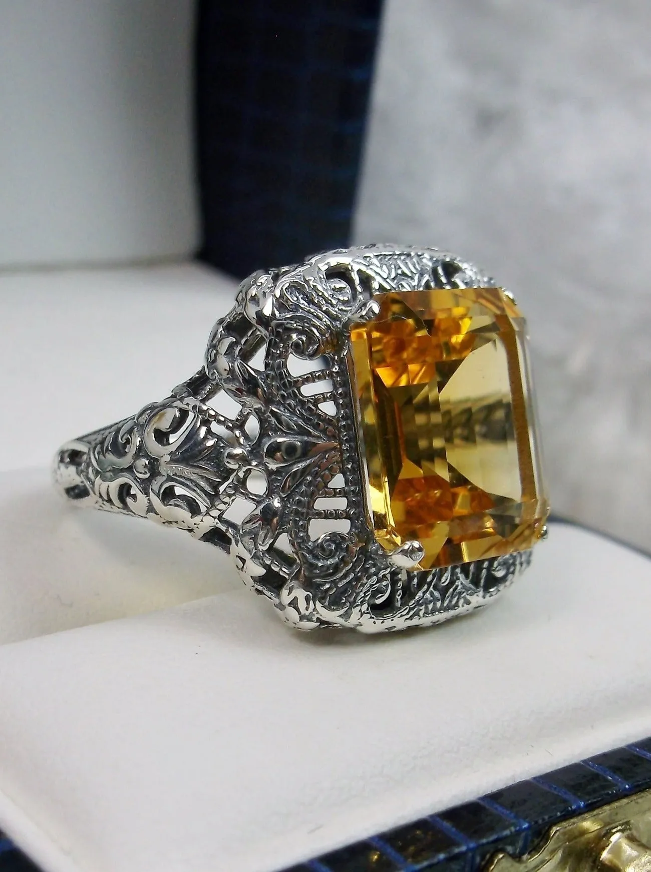 Natural Yellow Citrine Ring, Intricate Victorian Jewelry #D149