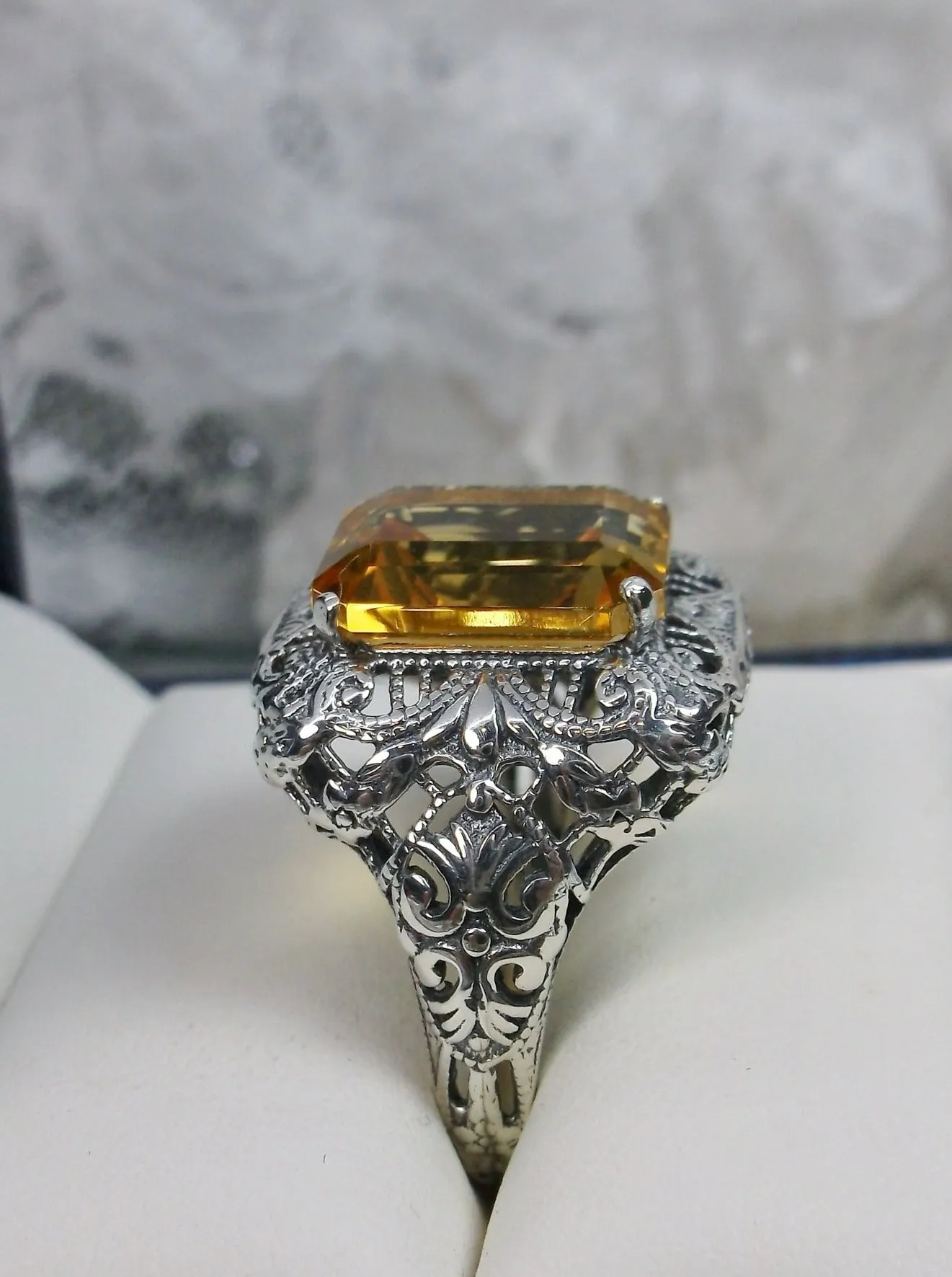 Natural Yellow Citrine Ring, Intricate Victorian Jewelry #D149