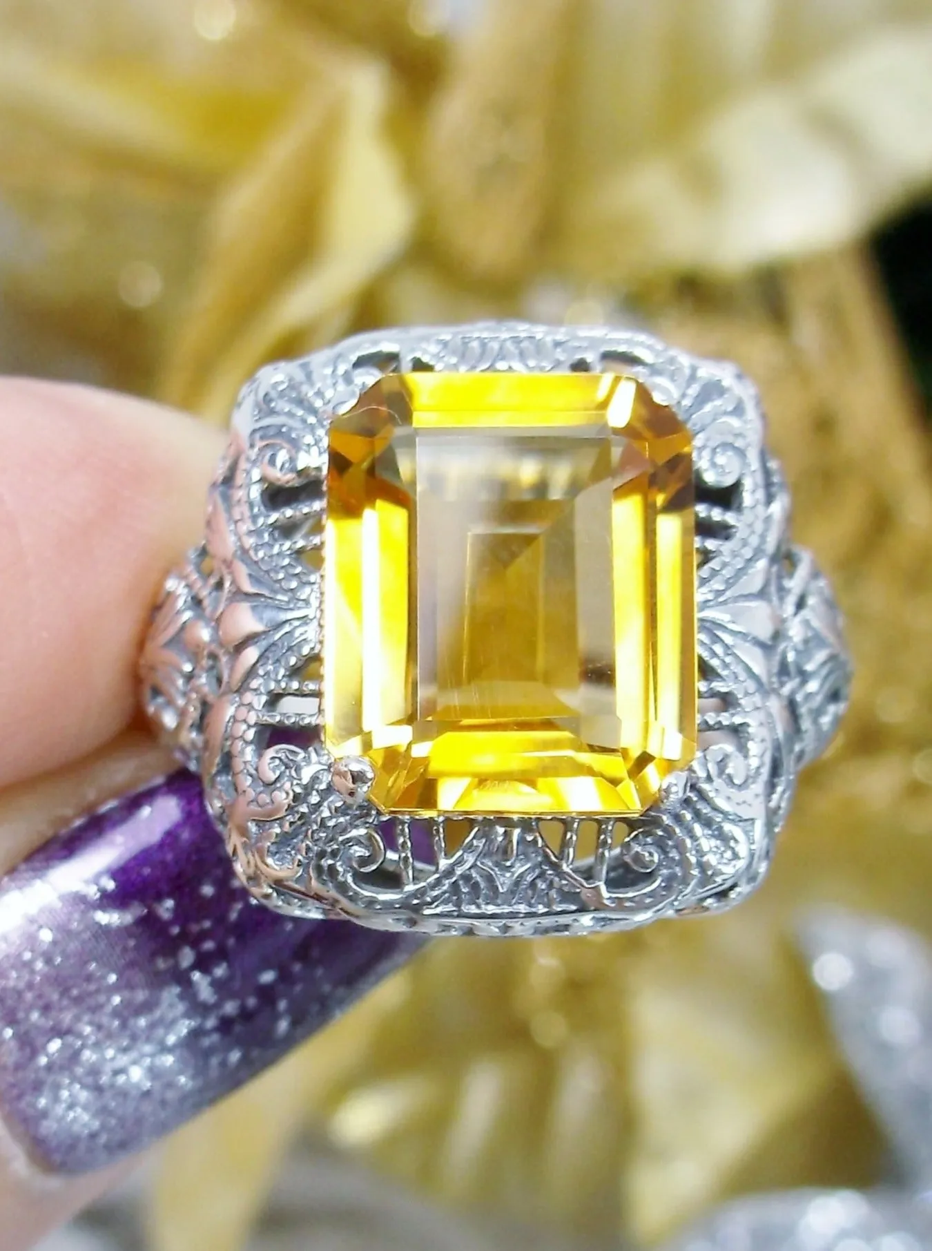 Natural Yellow Citrine Ring, Intricate Victorian Jewelry #D149