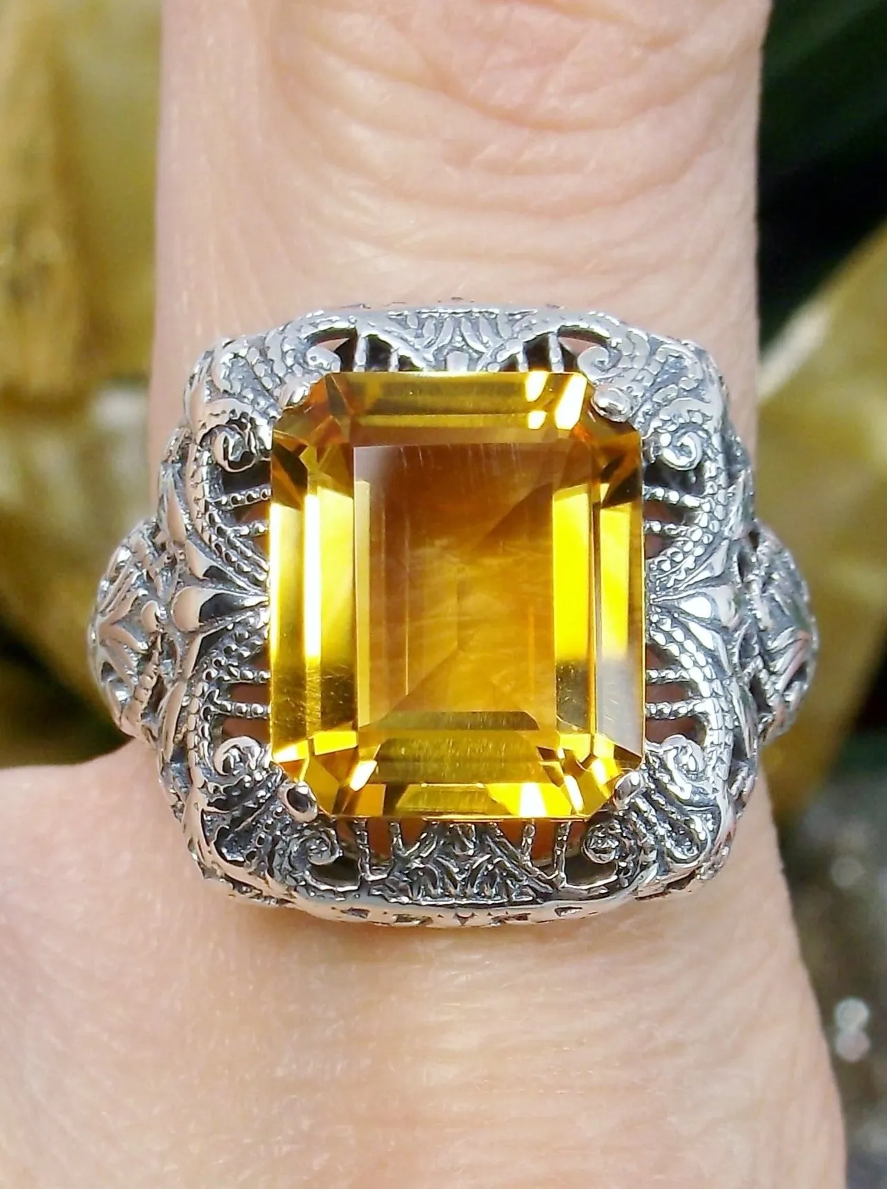 Natural Yellow Citrine Ring, Intricate Victorian Jewelry #D149