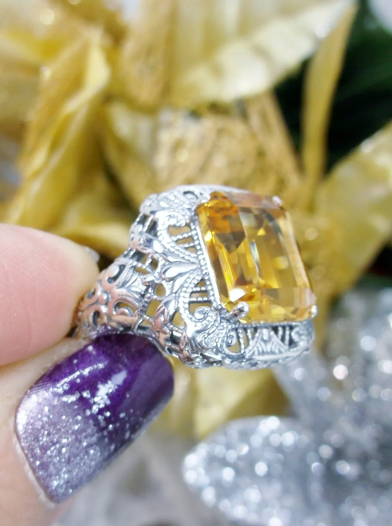 Natural Yellow Citrine Ring, Intricate Victorian Jewelry #D149