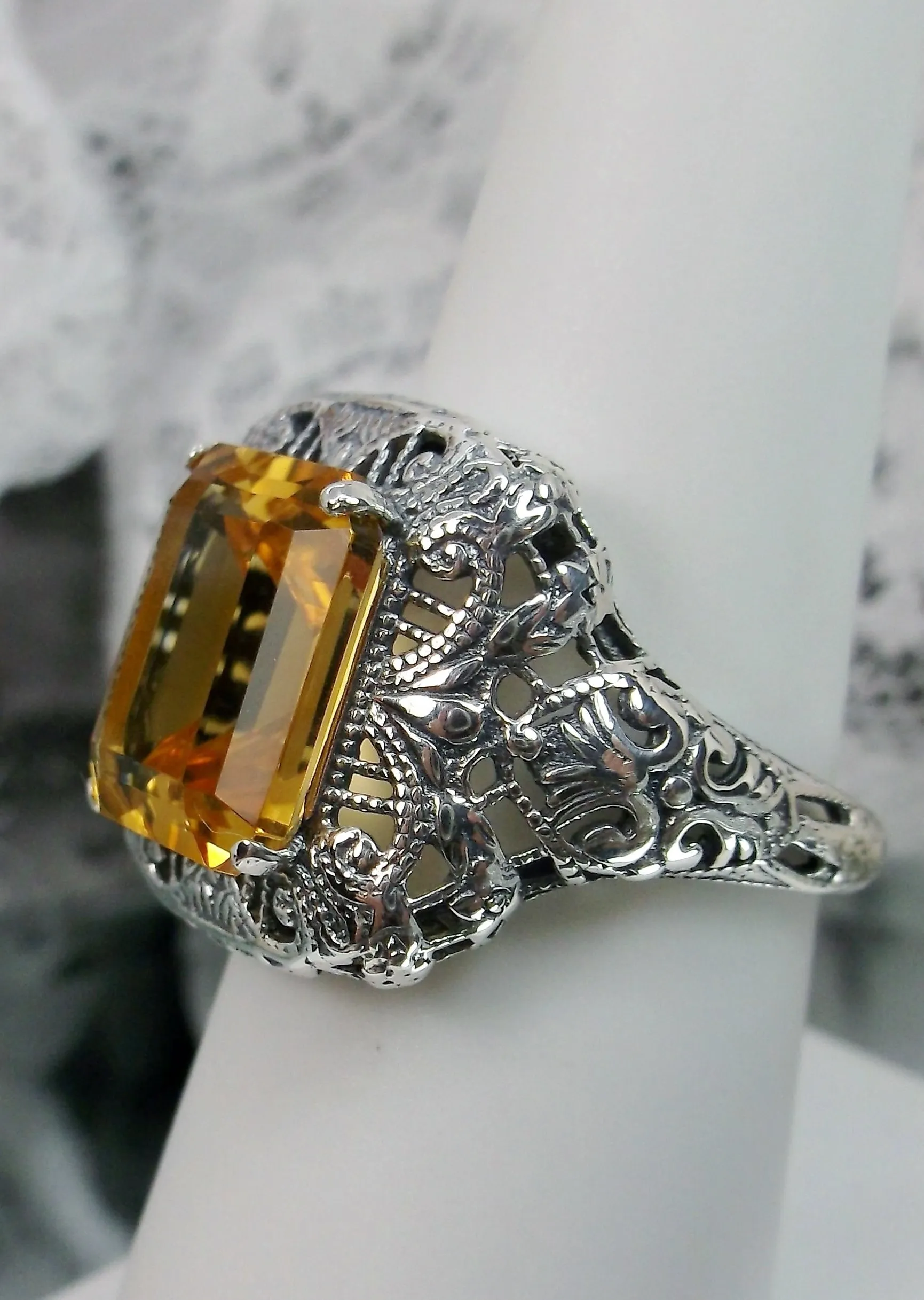 Natural Yellow Citrine Ring, Intricate Victorian Jewelry #D149
