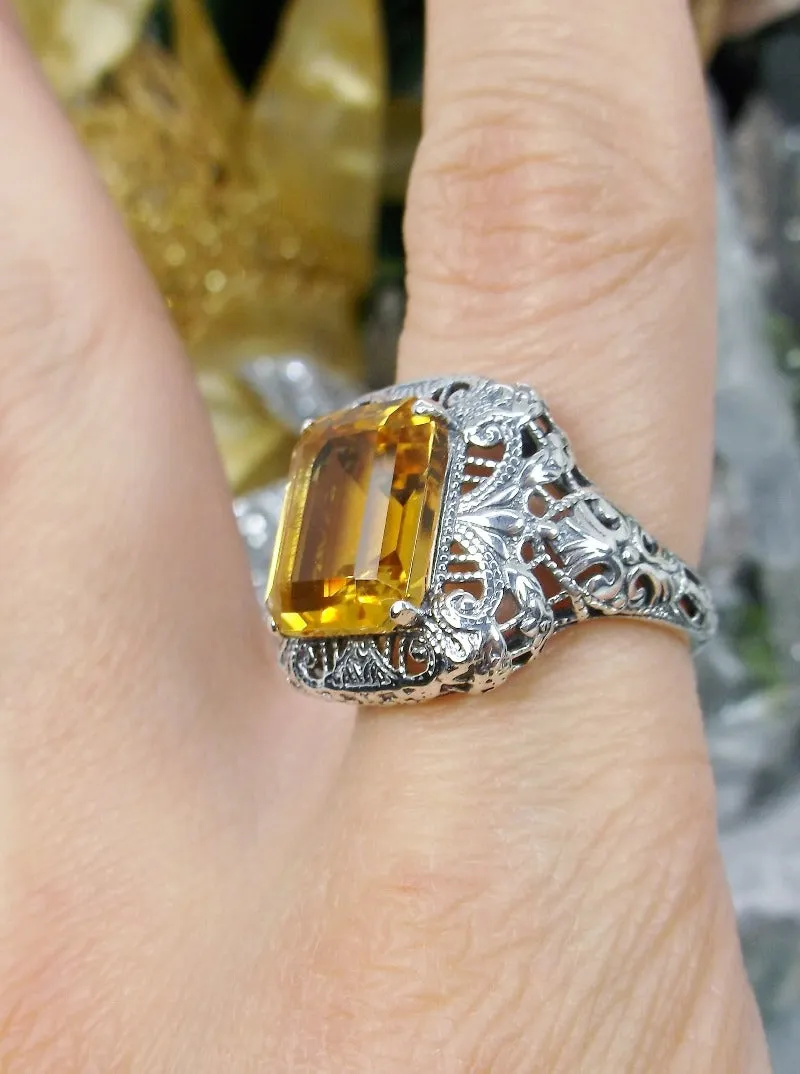 Natural Yellow Citrine Ring, Intricate Victorian Jewelry #D149