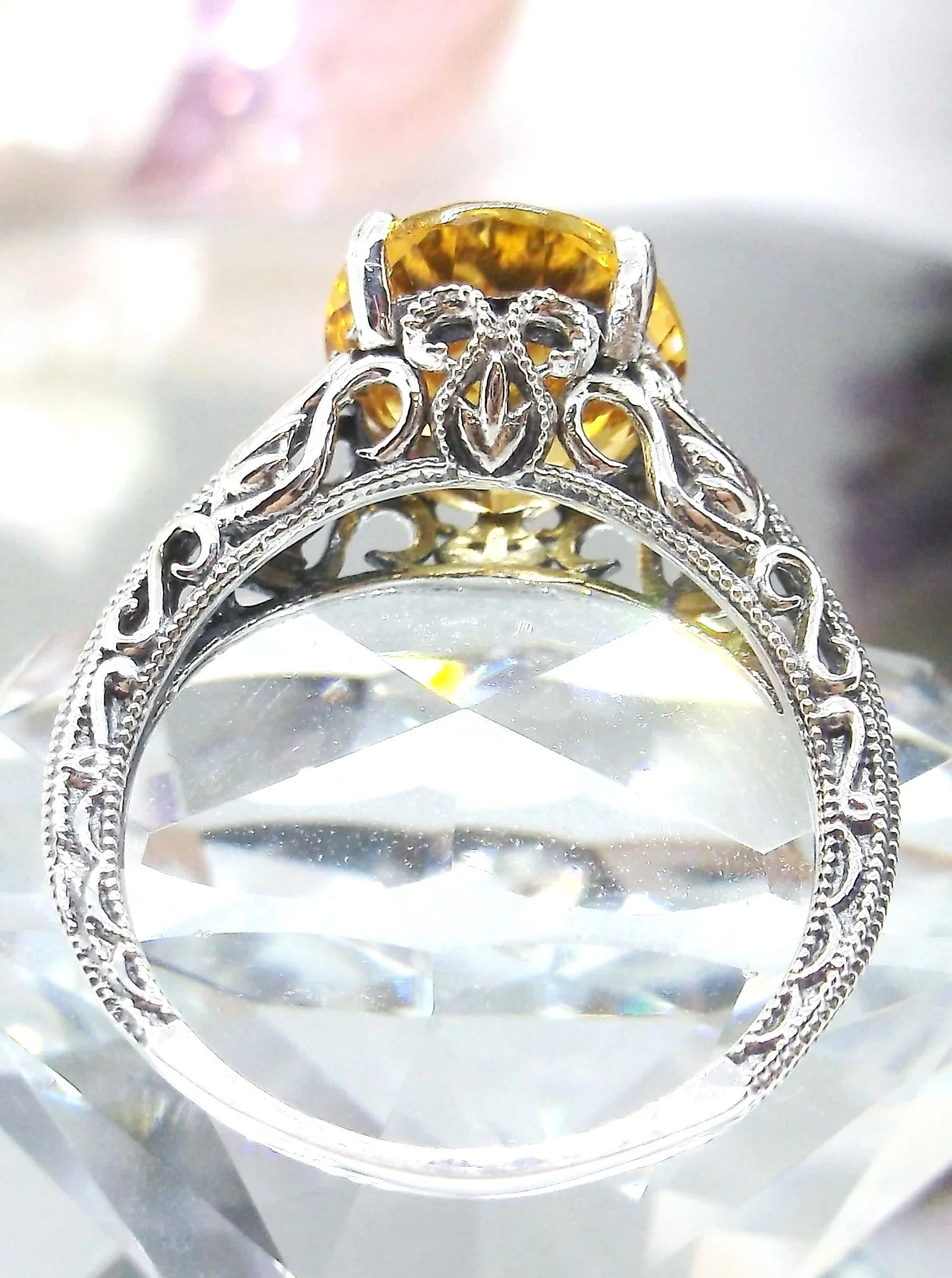 Natural Yellow Citrine Ring, Swan Filigree, Art Deco Jewelry #D190