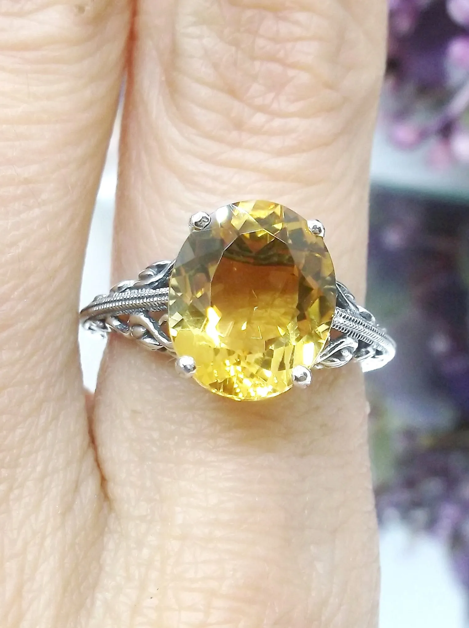Natural Yellow Citrine Ring, Swan Filigree, Art Deco Jewelry #D190